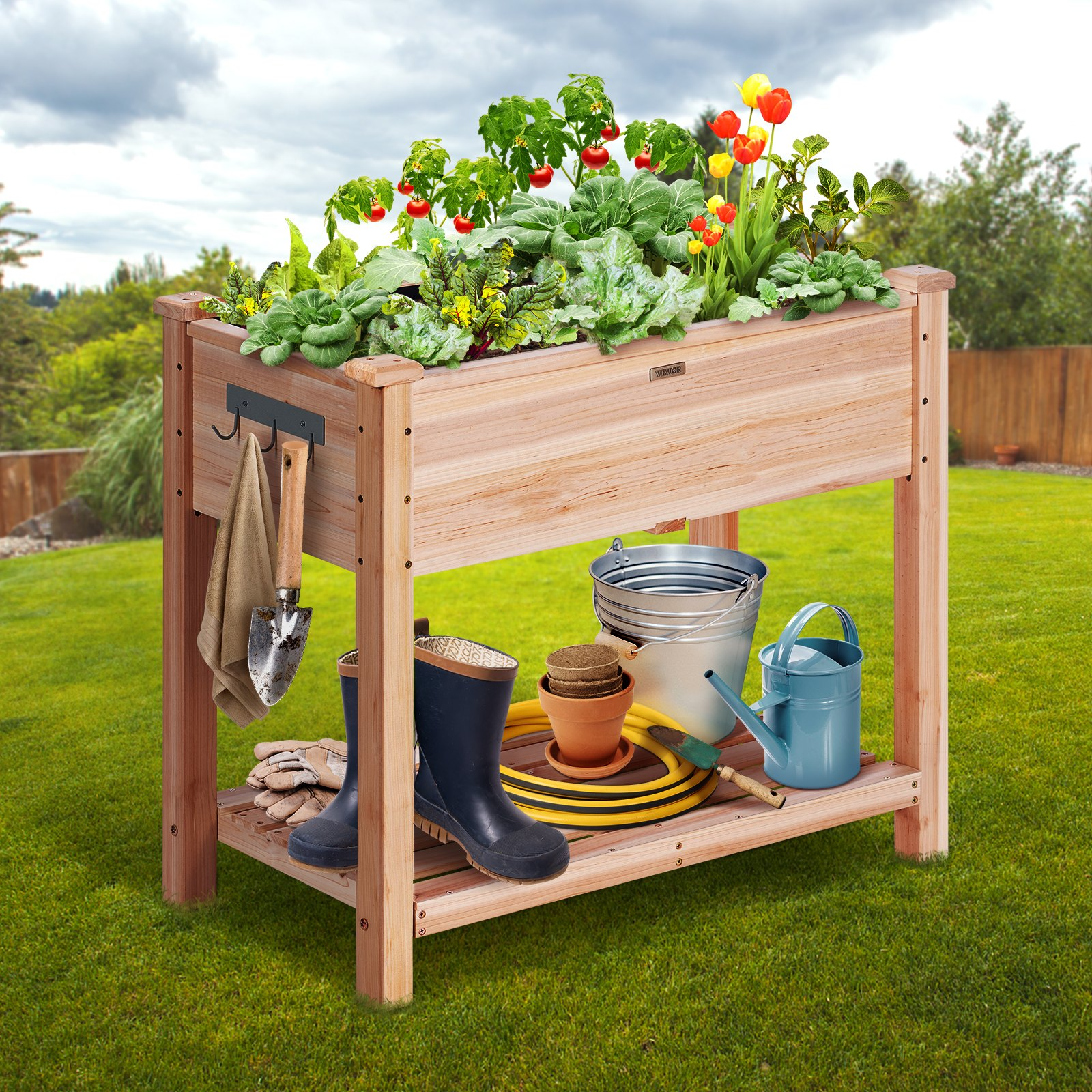 Start2Finish VEVOR raised garden bed wooden planter box with legs, 34 x 18 x 30 inches, for outdoor flowers, vegetables, and herbs.