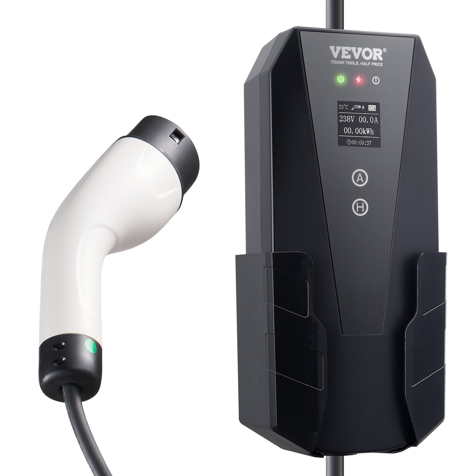 Start2Finish VEVOR Level 2 portable EV charger with 28 ft cable, 32A, 240V, NEMA 14-50P plug, adjustable current for SAE J1772 EVs.