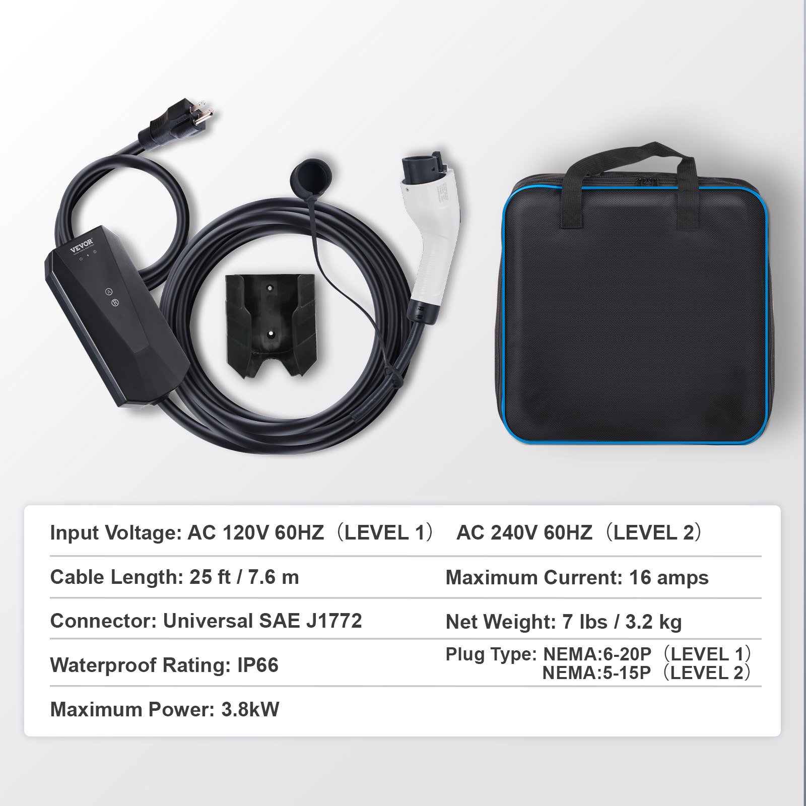 Start2Finish VEVOR Level 1+2 portable EV charger with 28-foot cable, NEMA 6-20P plug, SAE J1772 connector for electric vehicles