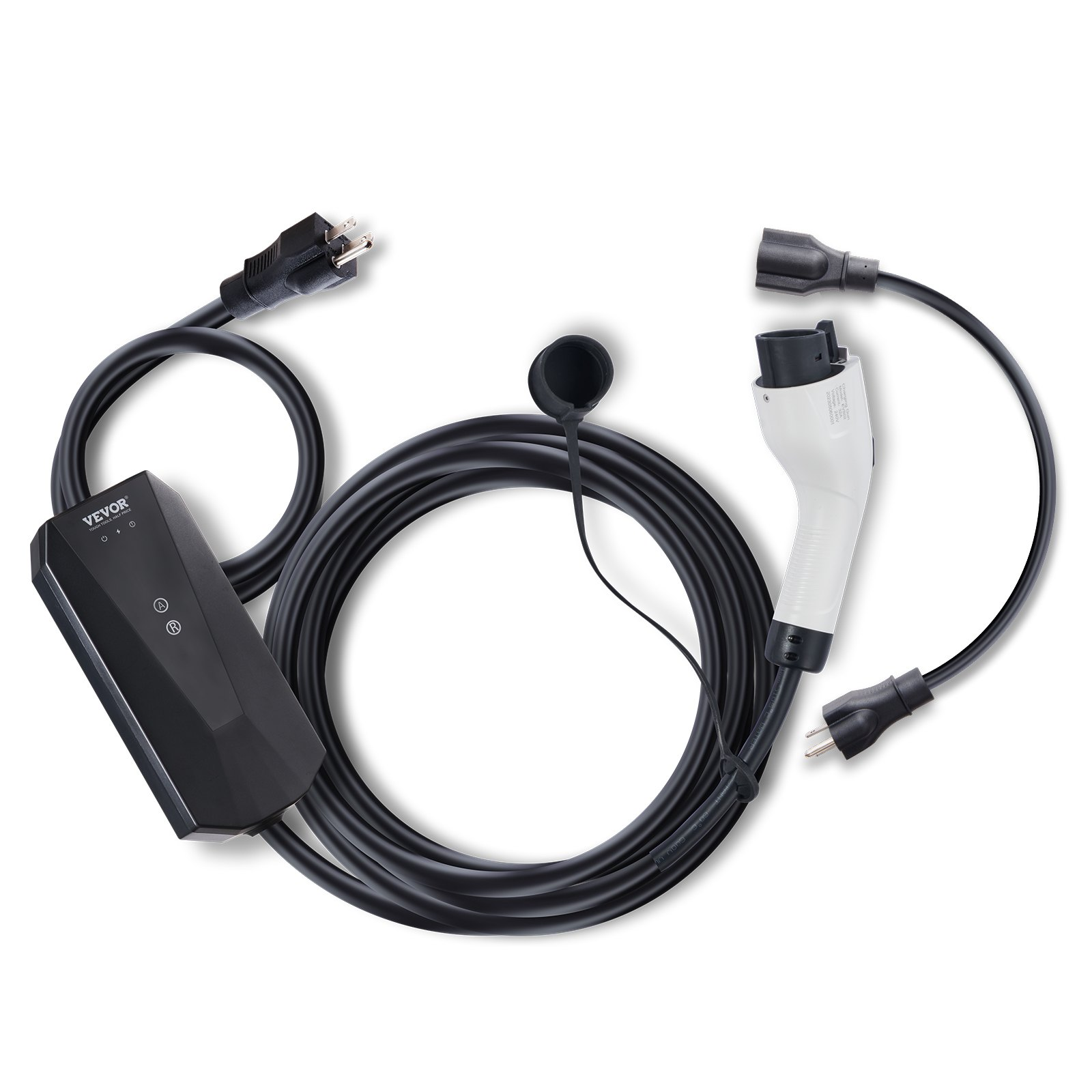 Start2Finish VEVOR Level 1+2 portable EV charger with 28-foot cable, NEMA plugs, for home electric vehicle charging.