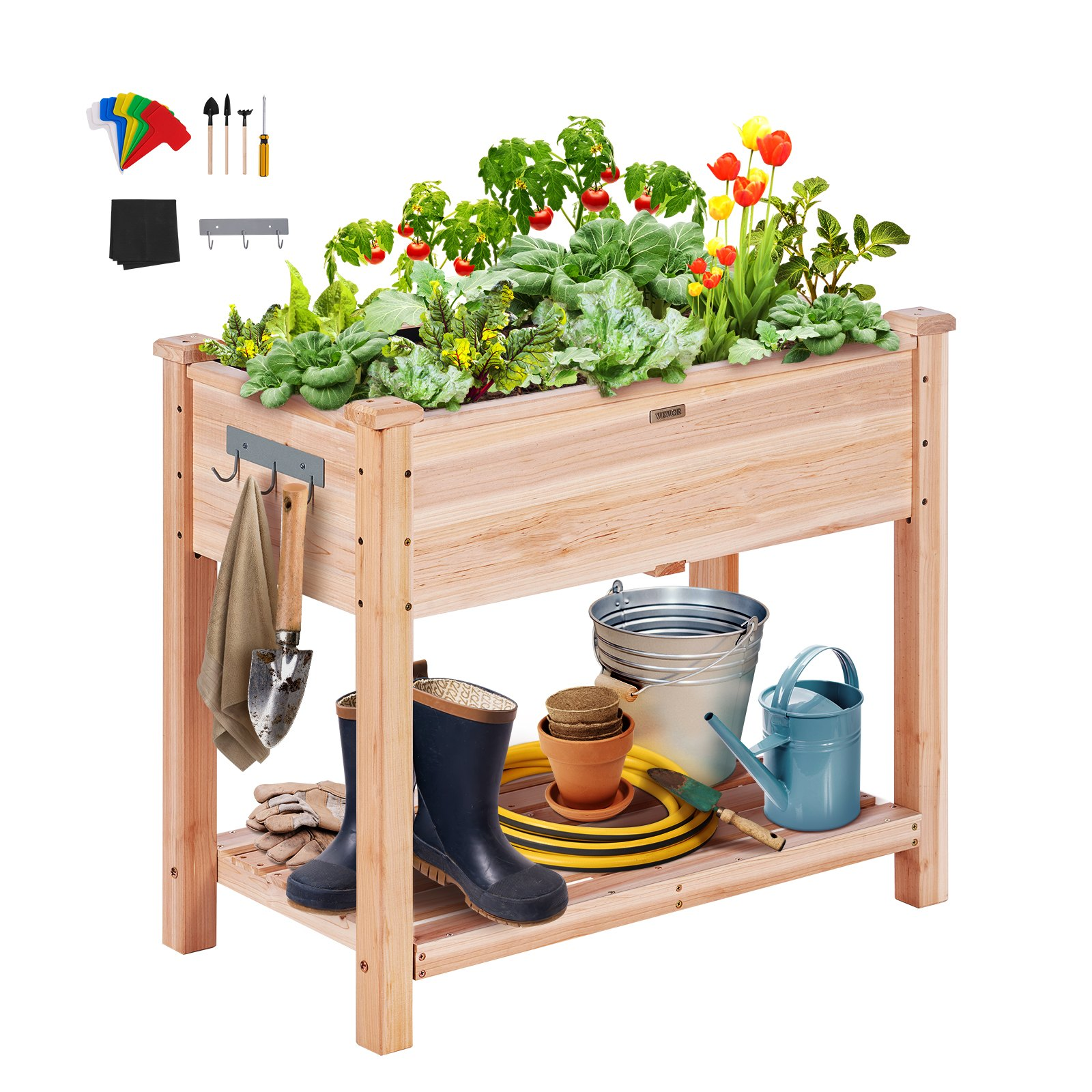 Start2Finish VEVOR raised garden bed wooden planter box, 34x18x30 inches with legs for outdoor flowers, vegetables, and herbs.