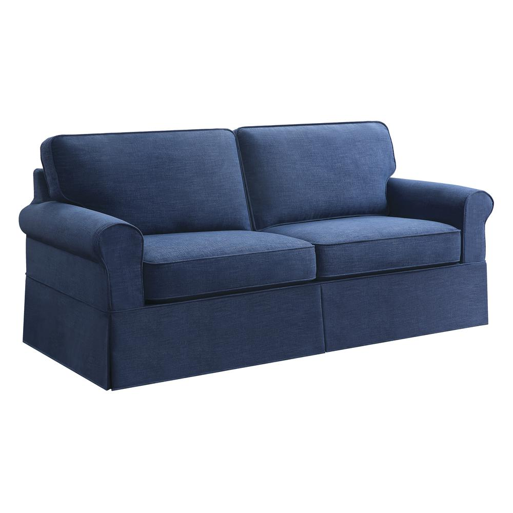 Navy fabric slip cover for sofa by Start2Finish, showing a fitted protective cover on a modern upholstered sofa.