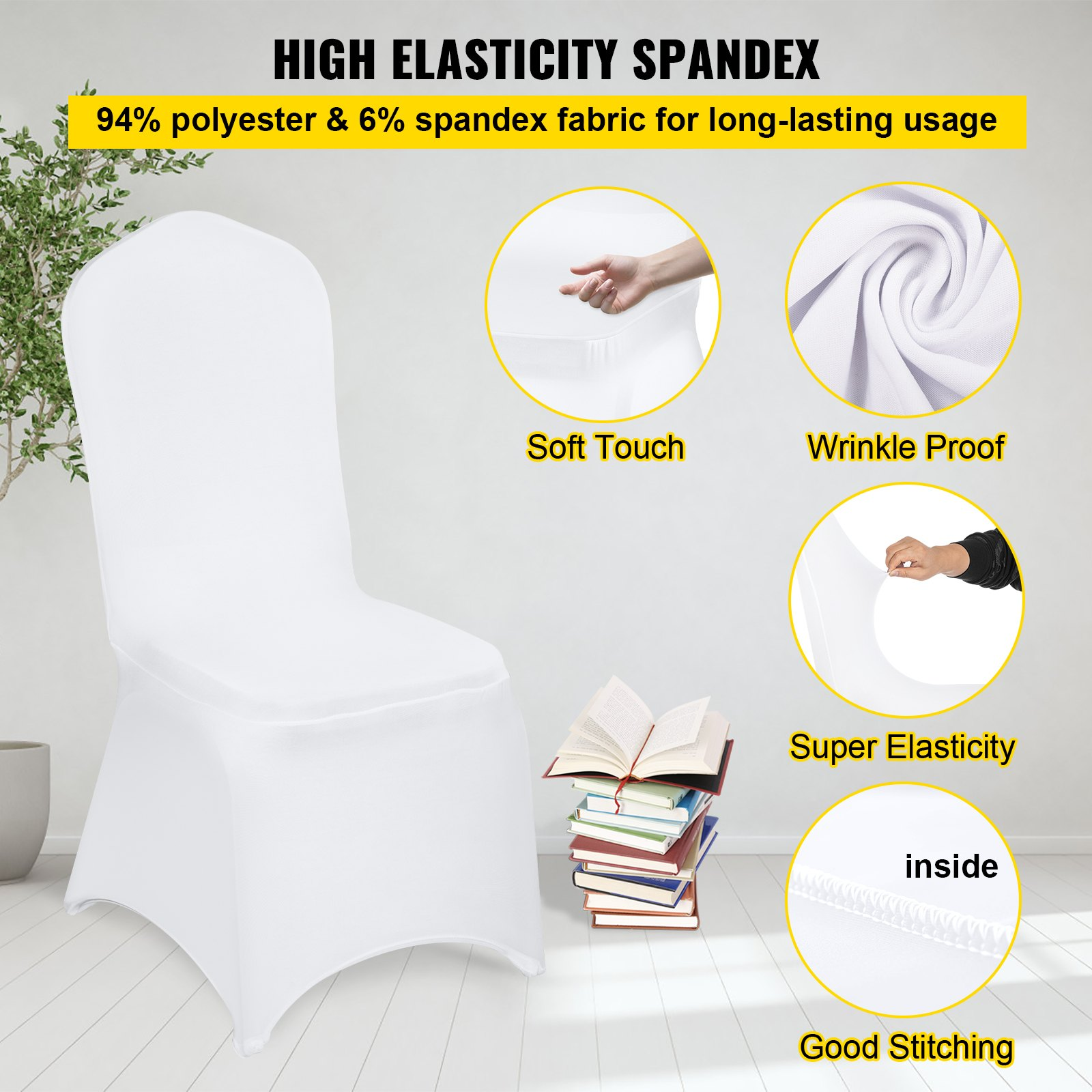 White VEVOR Stretch Spandex folding chair covers fitting standard chairs, ideal for weddings, banquets, and parties.