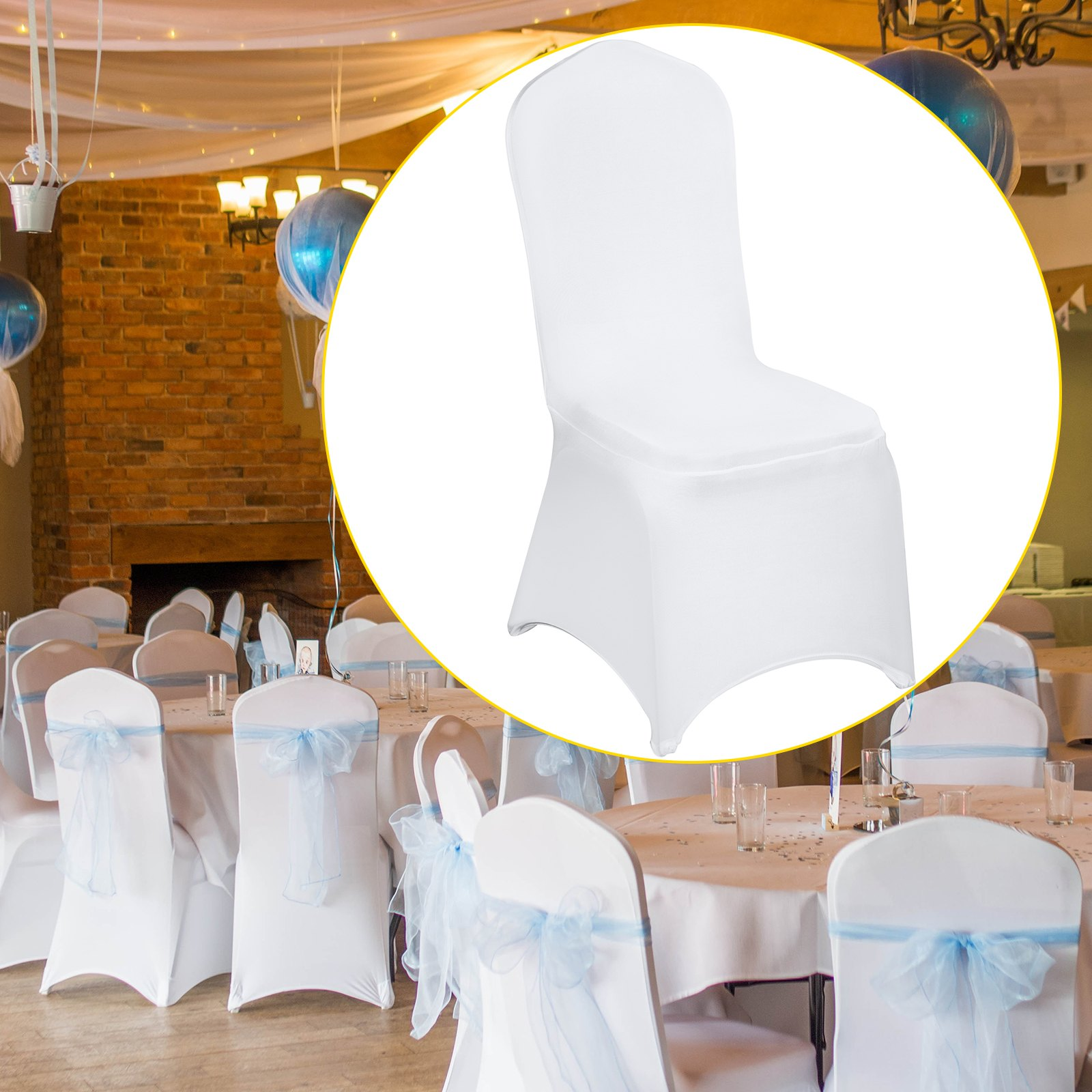 White VEVOR stretch spandex folding chair covers on chairs, showing universal fitted design for weddings and events.