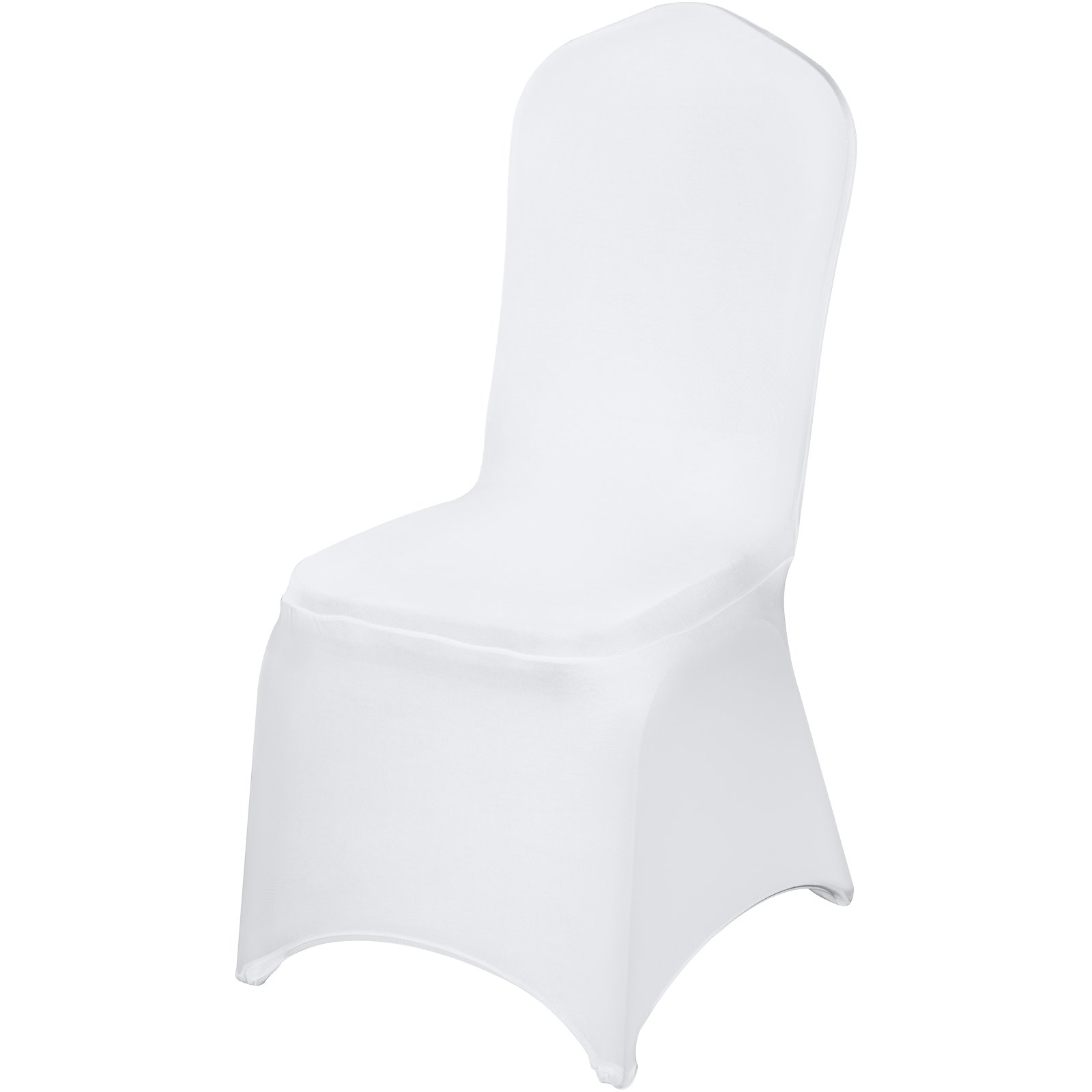 White VEVOR stretch spandex folding chair cover on a banquet chair, showing fitted design and smooth fabric for events and celebrations.
