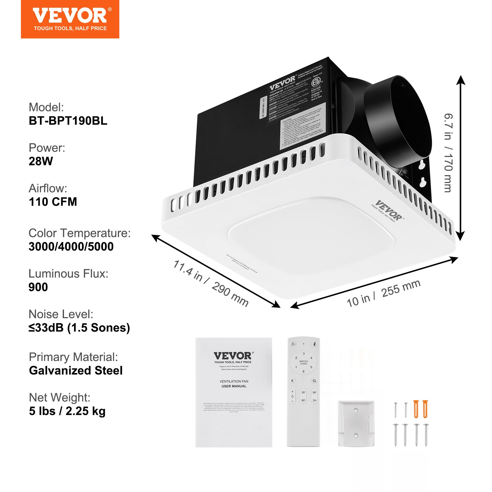 Start2Finish VEVOR bathroom exhaust fan with 110 CFM airflow, all-copper motor, low noise, energy-efficient ceiling ventilation unit
