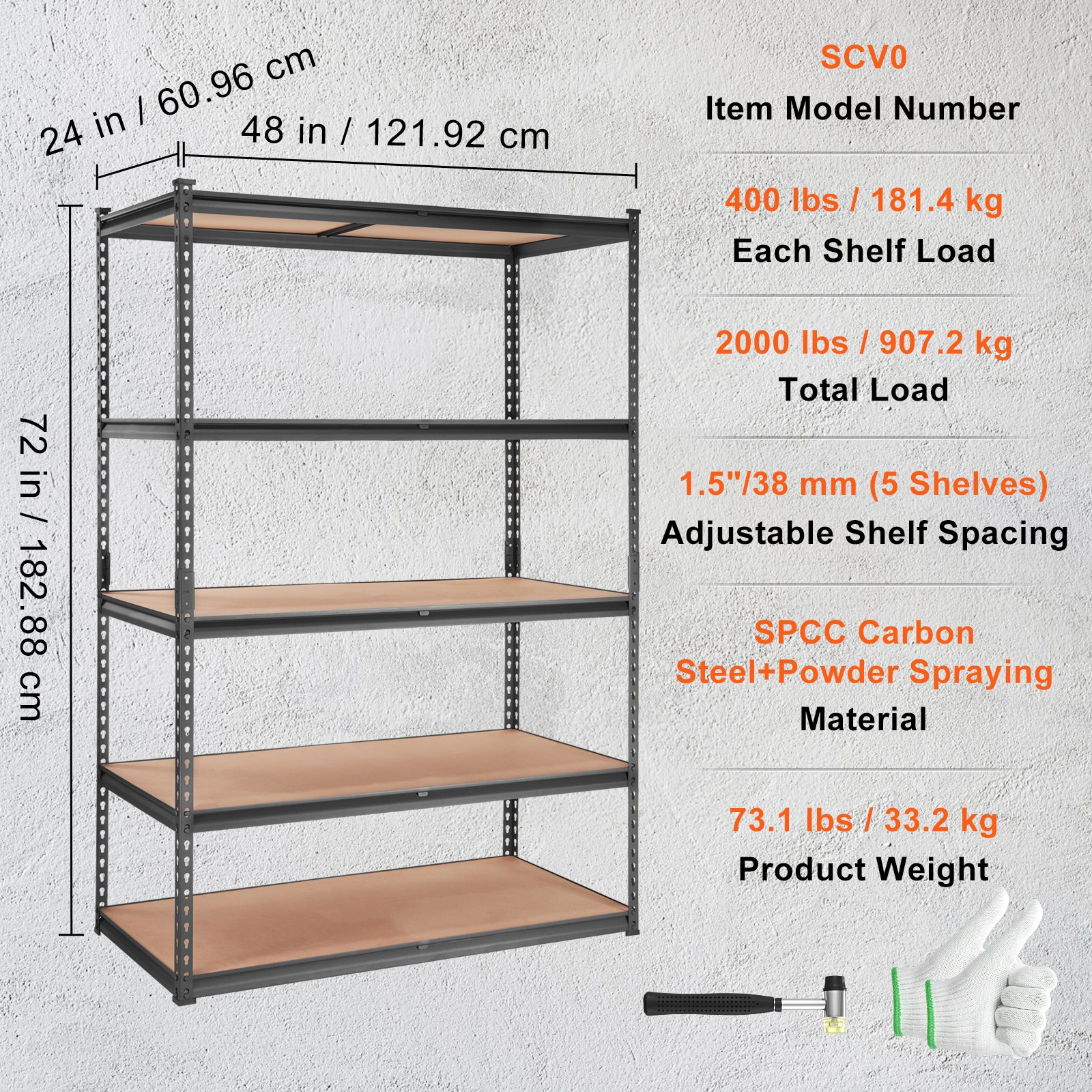 Start2Finish VEVOR 5-tier adjustable metal shelving unit with black finish, 48x24x72 inches, heavy-duty garage storage rack.