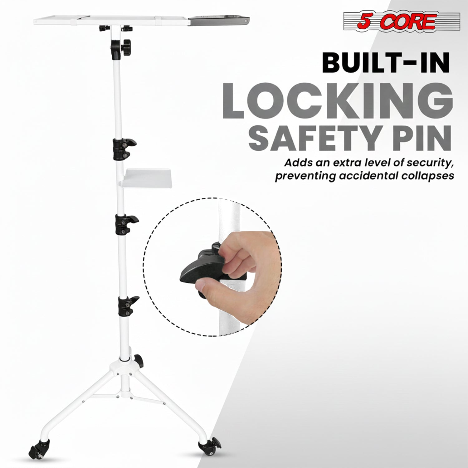 Adjustable Start2Finish projector stand with two shelves, phone holder, and portable tripod from 29.5 to 71 inches height.