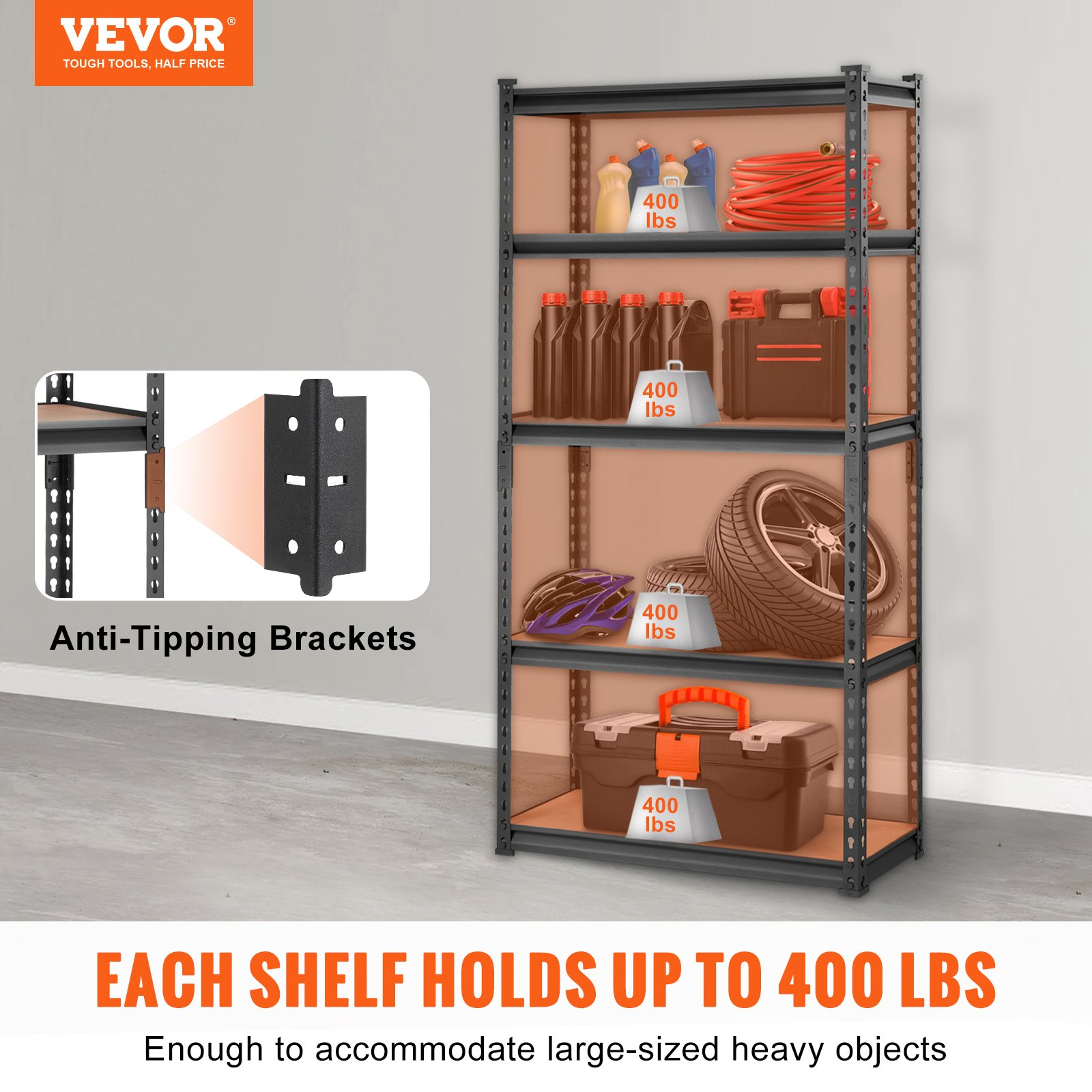Start2Finish VEVOR 5-tier adjustable heavy-duty metal storage shelving unit with black finish, 30" L x 12" W x 60" H for garage or pantry