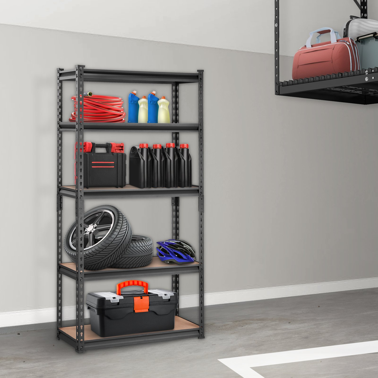 Start2Finish VEVOR 5-tier adjustable metal shelving unit with black finish, 30"x12"x60" heavy-duty garage storage rack in a utility space
