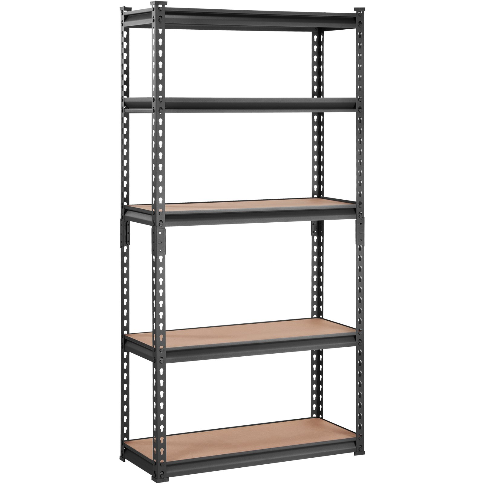 Start2Finish VEVOR 5-tier heavy-duty black metal storage shelving unit with adjustable shelves, ideal for garage, pantry, or laundry.