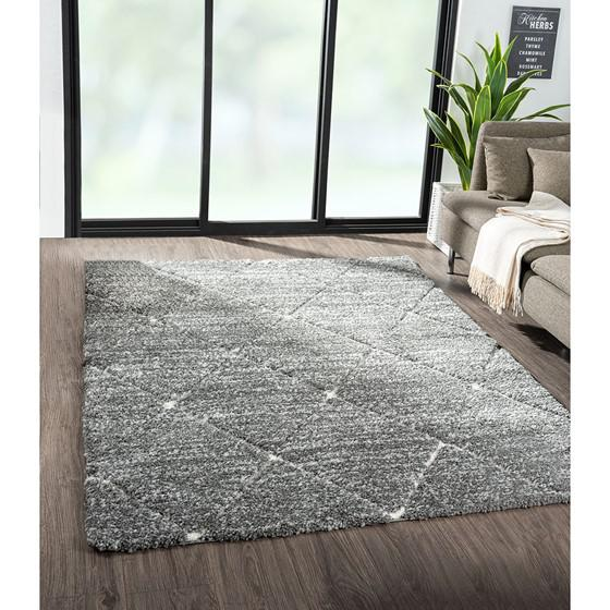 Start2Finish Talas Trellis Area Rug in grey and cream with geometric trellis pattern on soft, textured fabric surface.