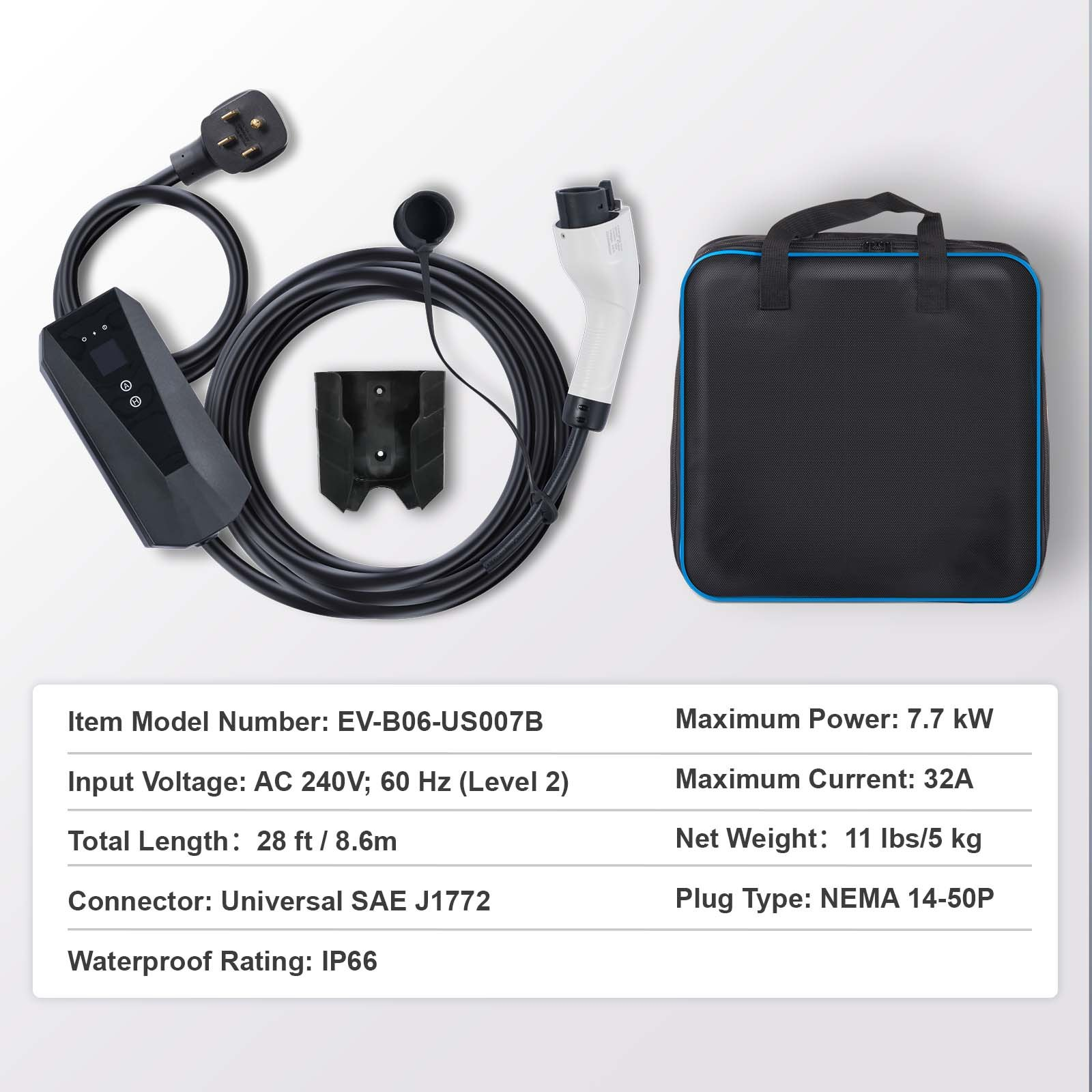Start2Finish VEVOR Level 2 portable EV charger with 28 ft cable, 32A, 240V, NEMA 14-50P plug for SAE J1772 EVs