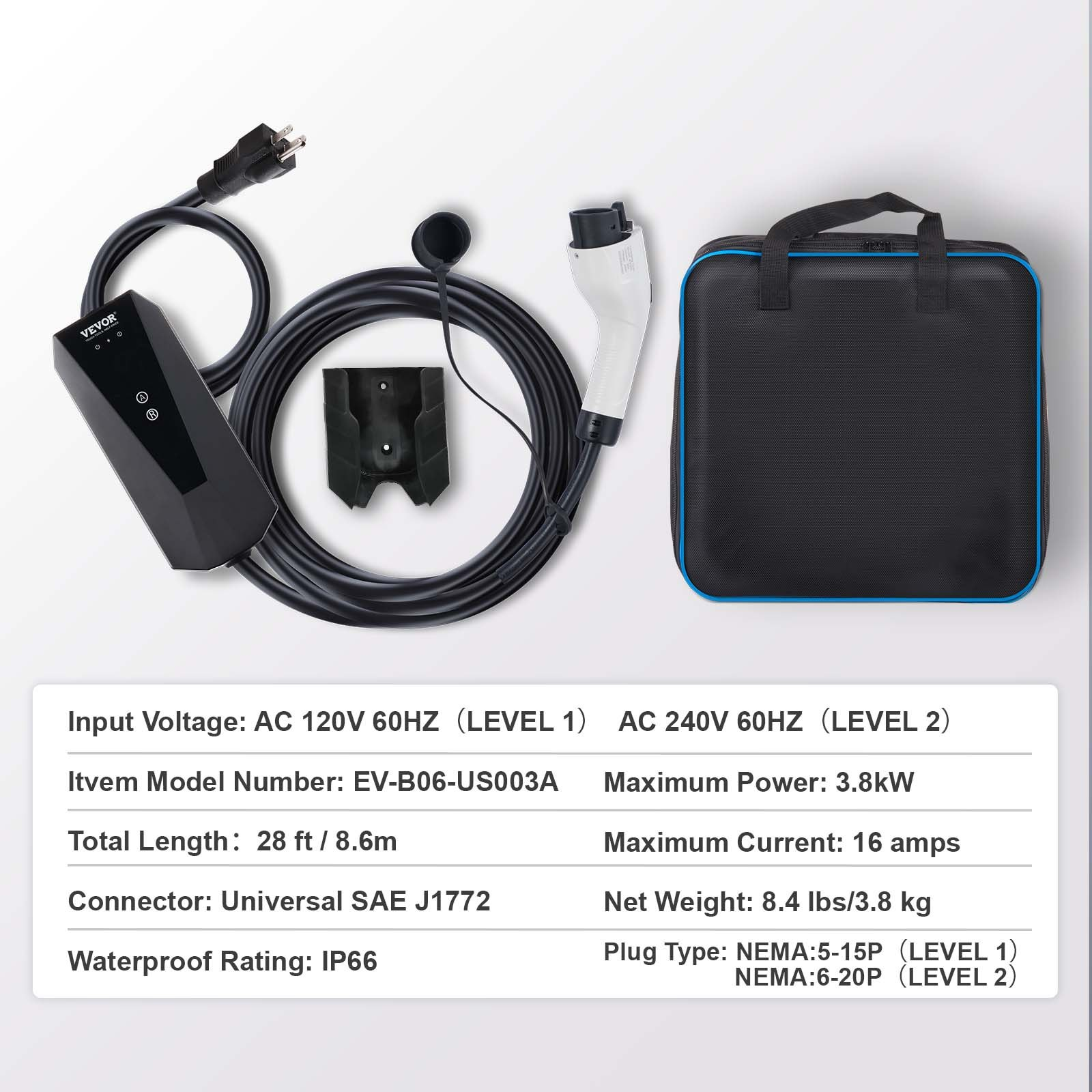 Start2Finish VEVOR Level 1+2 portable electric vehicle charger with 28-foot cable, NEMA plug, suitable for SAE J1772 EVs.
