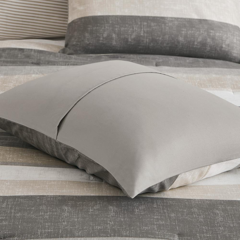 Start2Finish Jaxon Stripe Comforter Set with bed sheets in taupe and grey, featuring a stylish striped design for cozy bedroom decor.