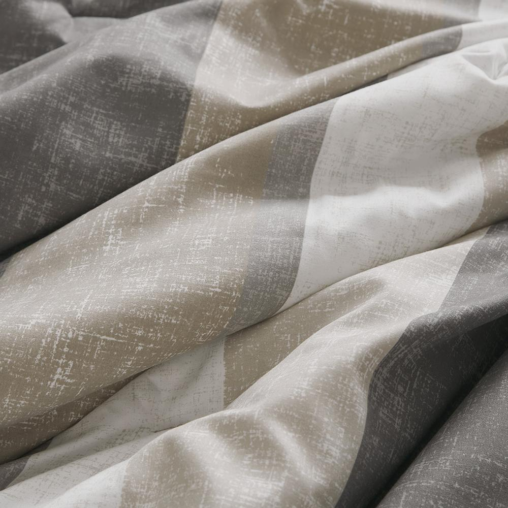 Start2Finish Jaxon Stripe Comforter Set with taupe and grey bed sheets, featuring a cozy striped bedding design.