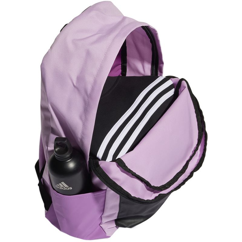 Adidas Classic Badge of Sport 3-Stripes backpack with large logo, adjustable shoulder straps, and multiple compartments.