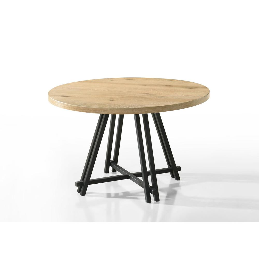 Start2Finish Tate oak finish 47-inch round dining table with cream upholstered chairs, showcasing a stylish and functional dining set.