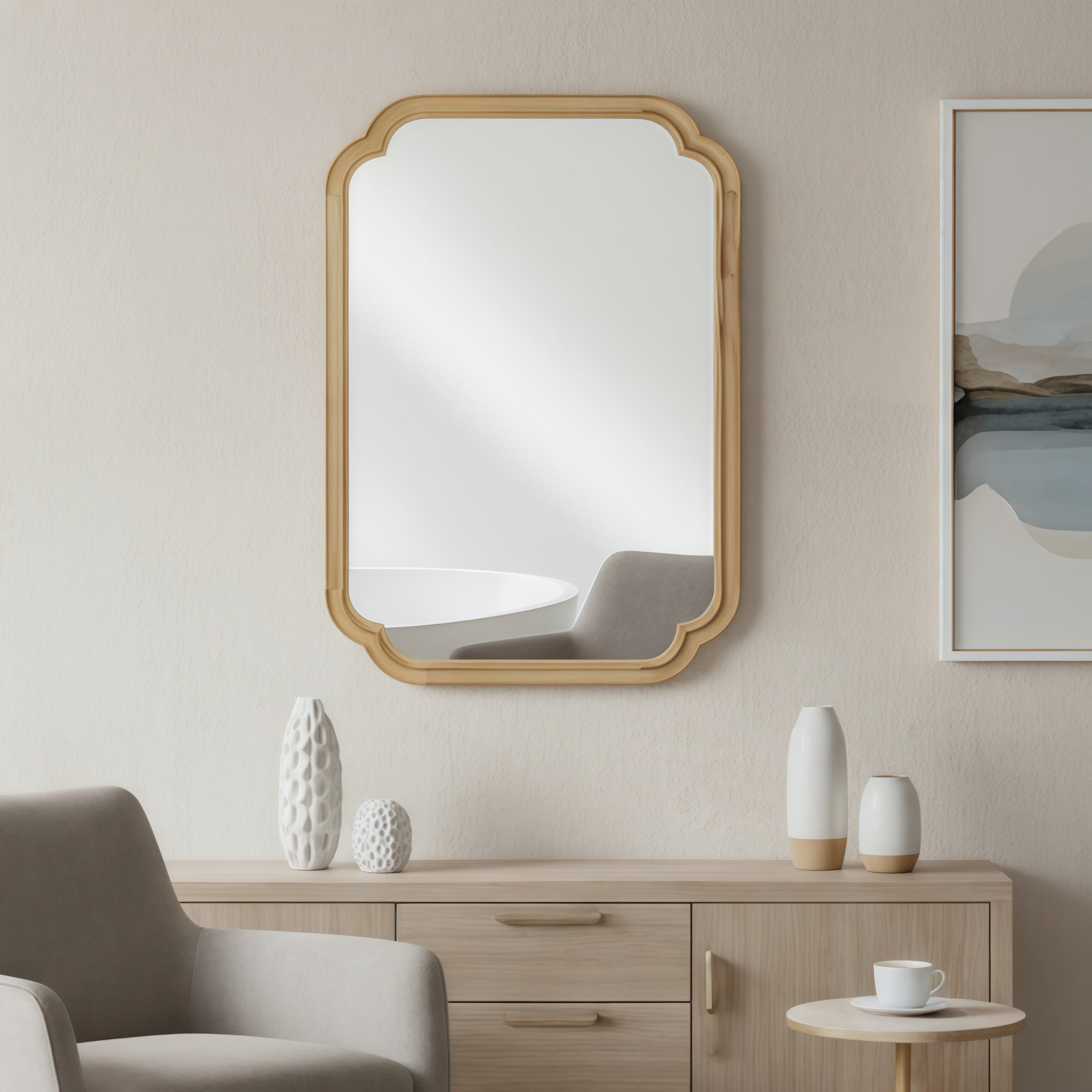 Start2Finish rounded corner solid wood wall mirror with a natural finish, suitable for bathroom, bedroom, entryway, or living room.