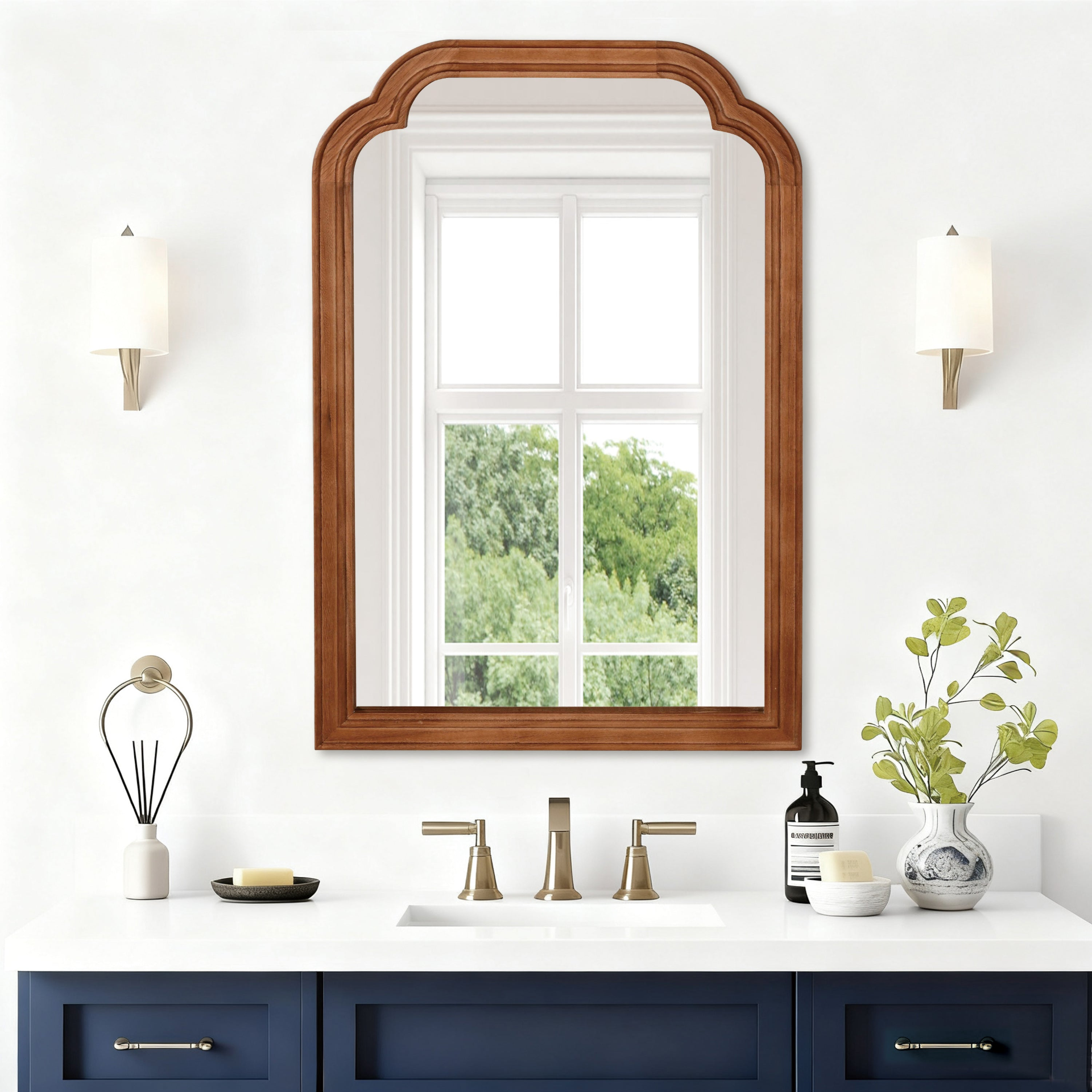 Start2Finish rounded corner solid wood wall mirror with frame, ideal for bathroom, bedroom, entryway, or living room decor.