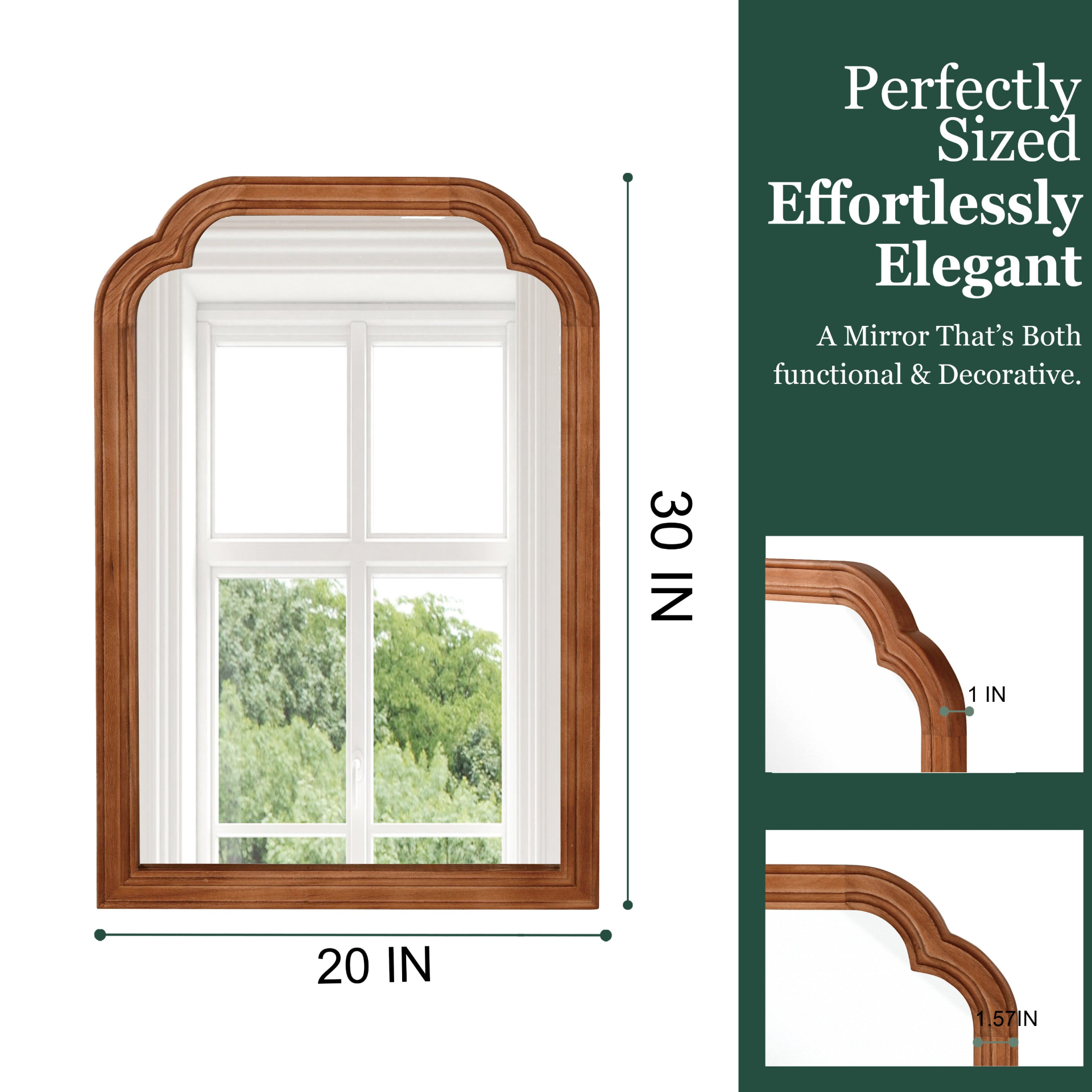 Start2Finish rounded corner solid wood wall mirror showing a smooth, polished wooden frame suitable for bathroom, bedroom, or entryway.