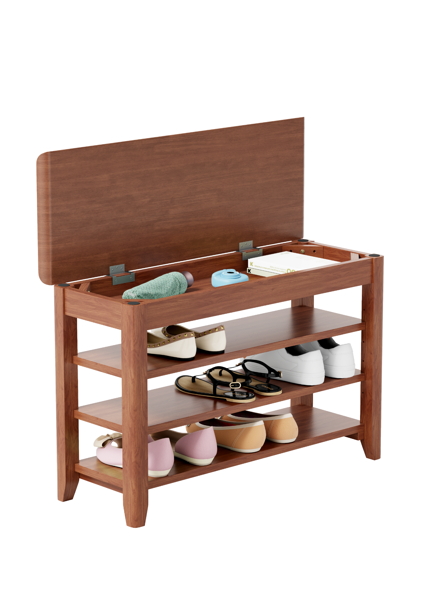 Full-length walnut wood rotating mirror with coat rack and storage, adjustable sizes for bedroom or entryway, by Start2Finish.