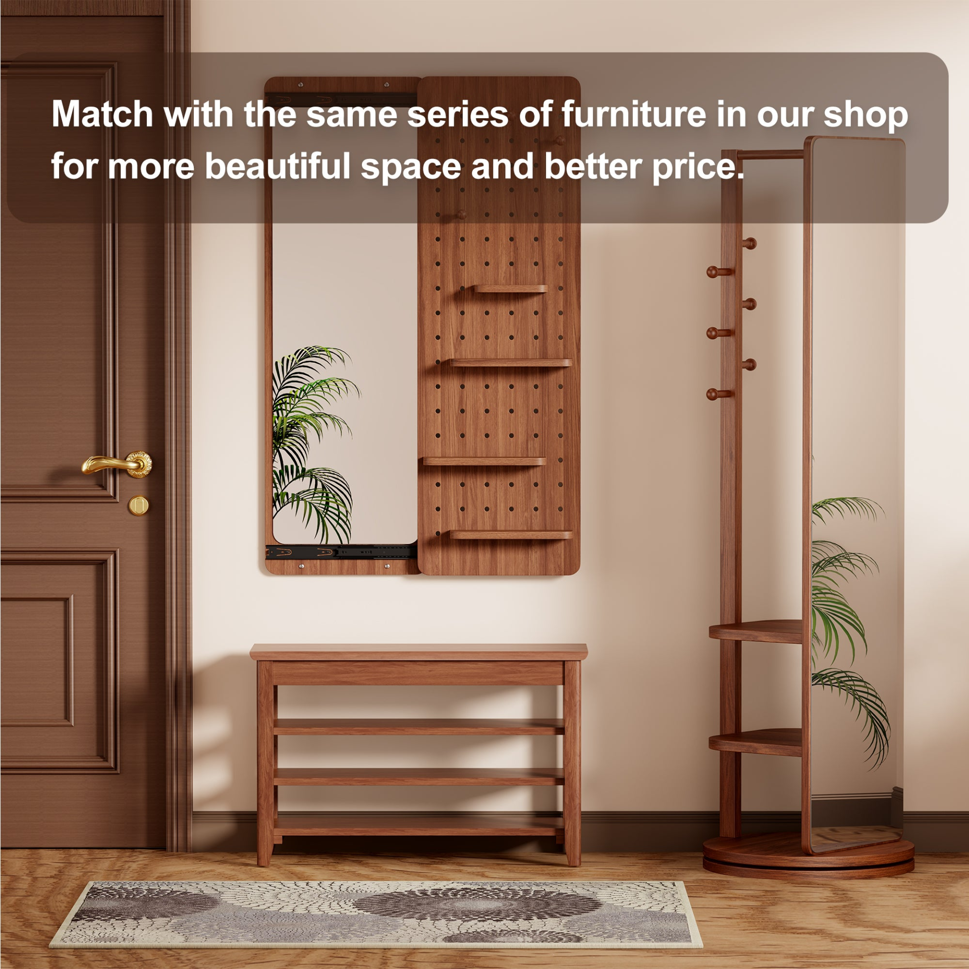 Walnut rotating full-length mirror with coat rack and storage, adjustable size, ideal for bedroom, entryway, or dressing areas.