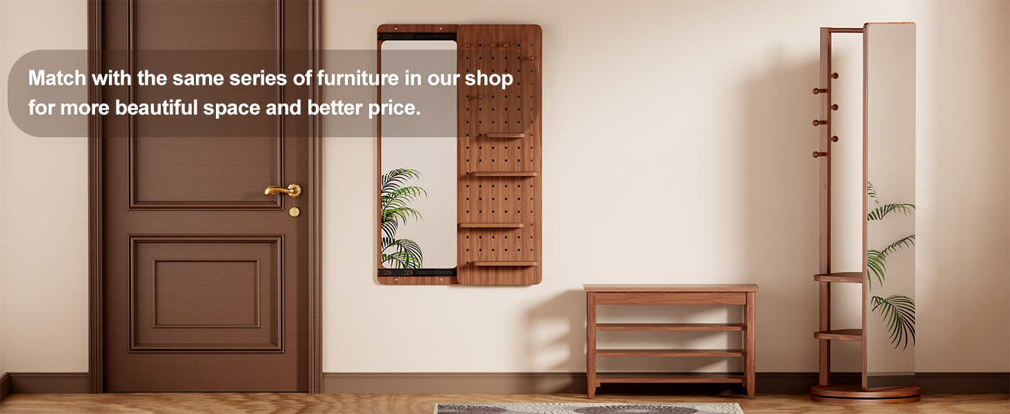 Full-length rotating mirror with coat rack and storage in walnut wood, shown in bedroom or entryway setting.