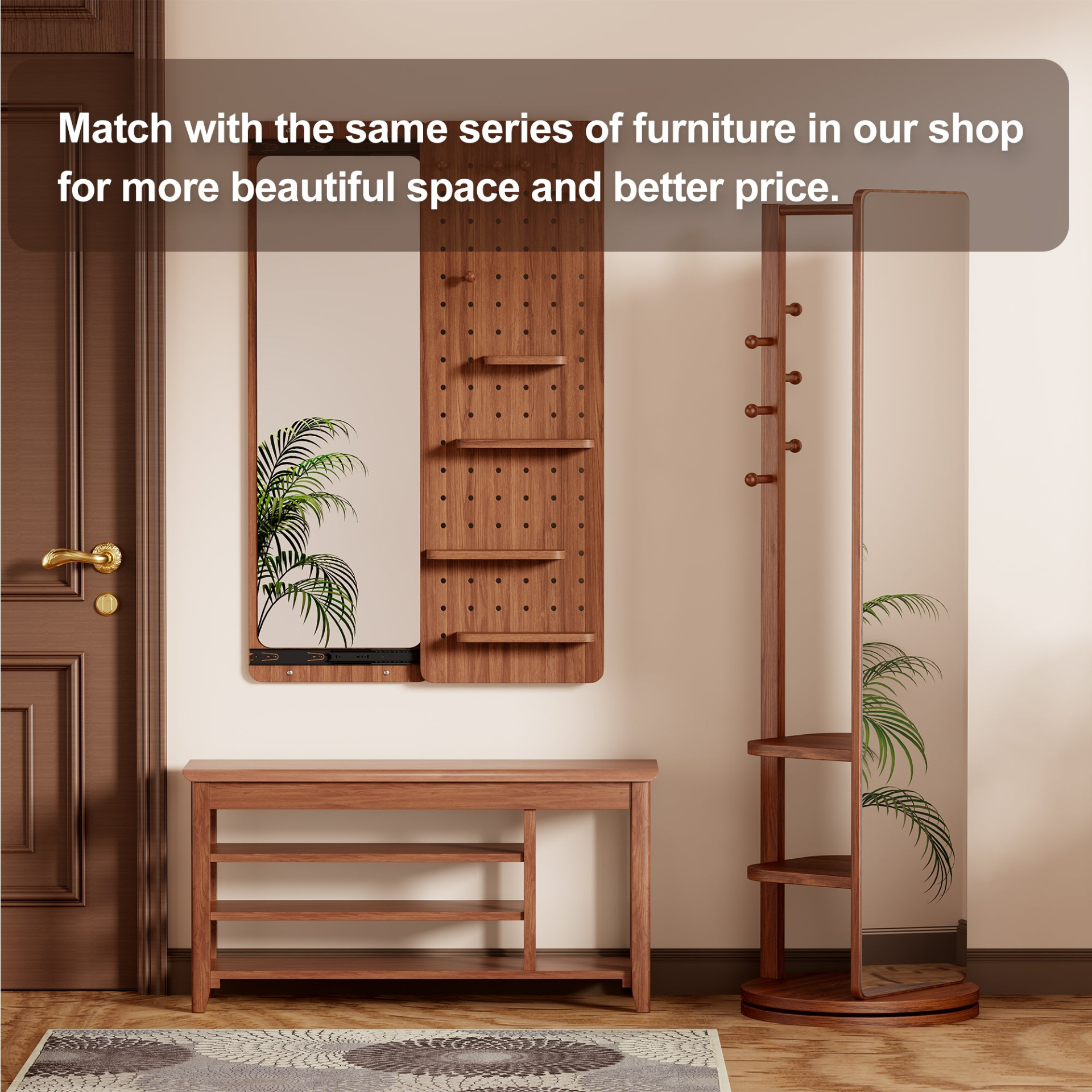 Rotating full-length wooden mirror with coat rack and storage in walnut finish, available in 31.5" and 39.37" sizes for bedroom or entryway.
