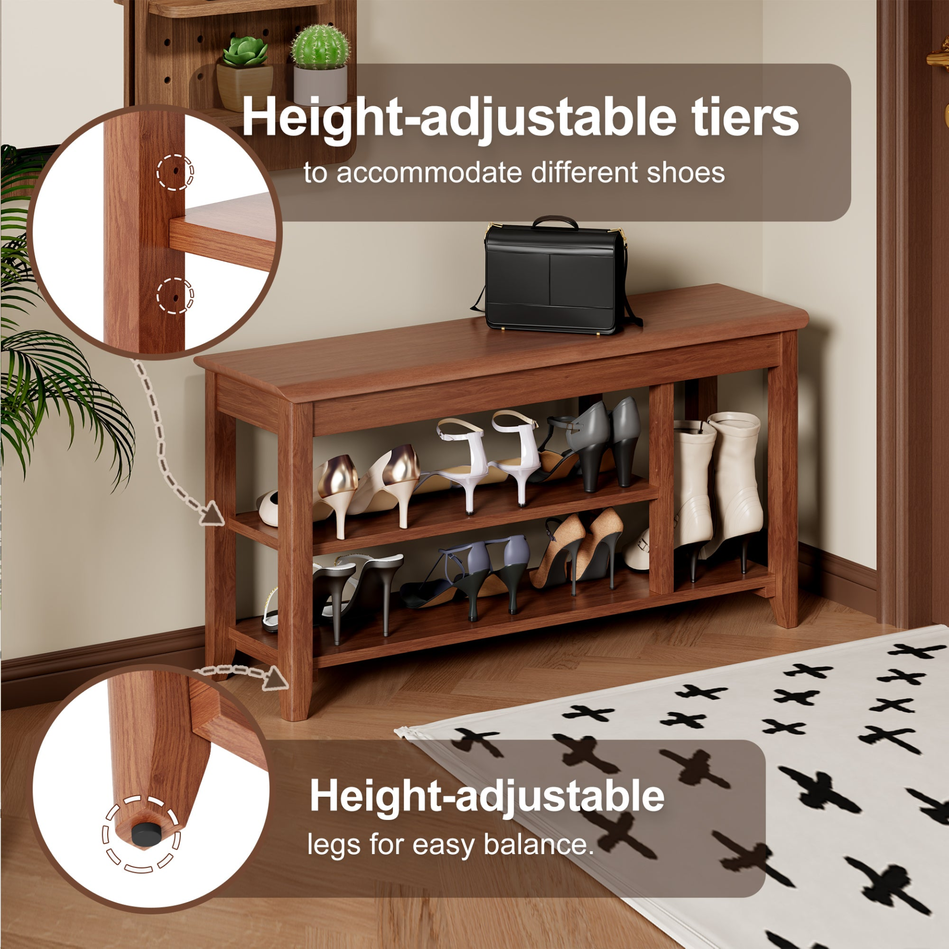 Full-length walnut wood mirror with coat rack and storage, featuring adjustable height in 31.5" or 39.37" sizes for bedroom or entryway.