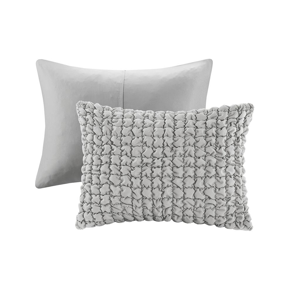 Start2Finish Evelyn 3-piece stripe ruched grey comforter set with matching pillow shams on a bed.
