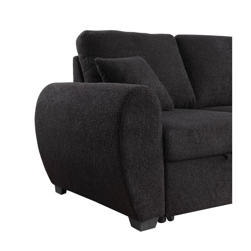 Black teddy fleece reversible sleeper sectional sofa with storage chaise and plush cushions, ideal for modern living rooms.