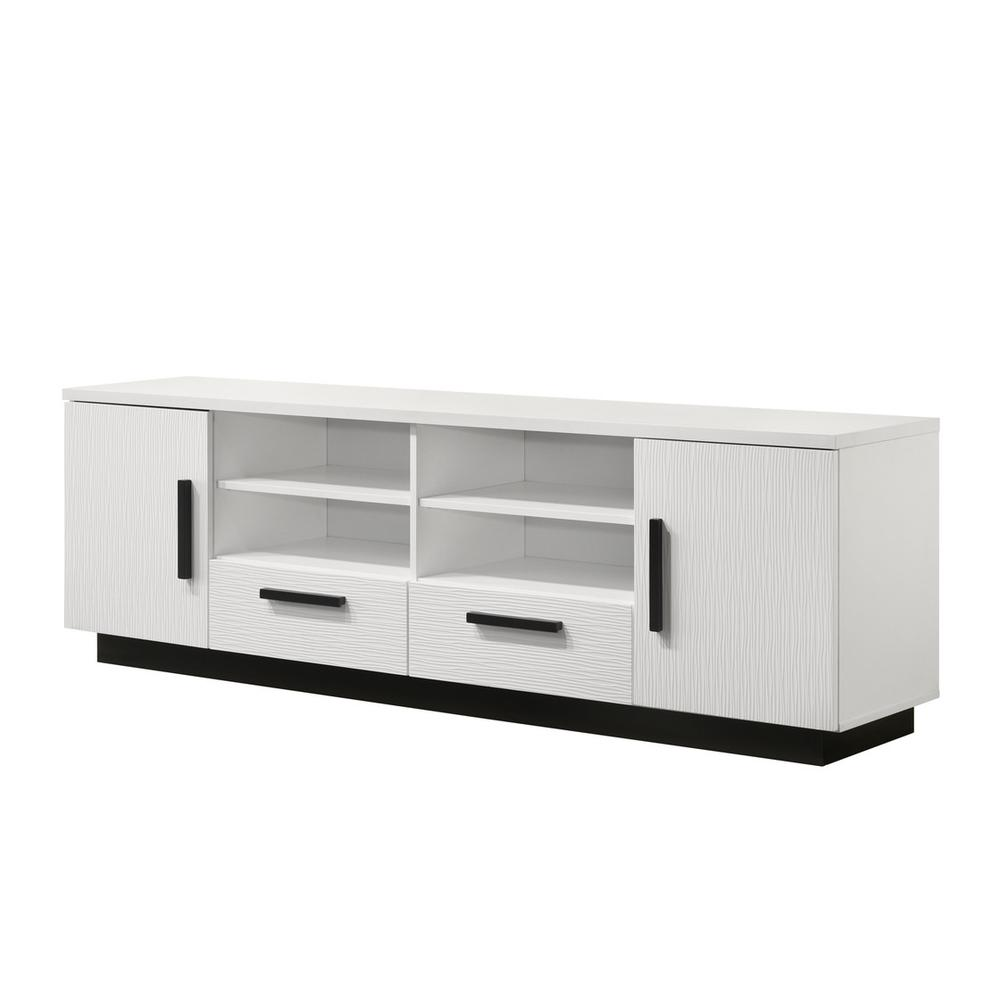 White finish Matilda TV stand with 70.5-inch width and drawers, manufactured by Start2Finish, showcasing a modern living room setup.
