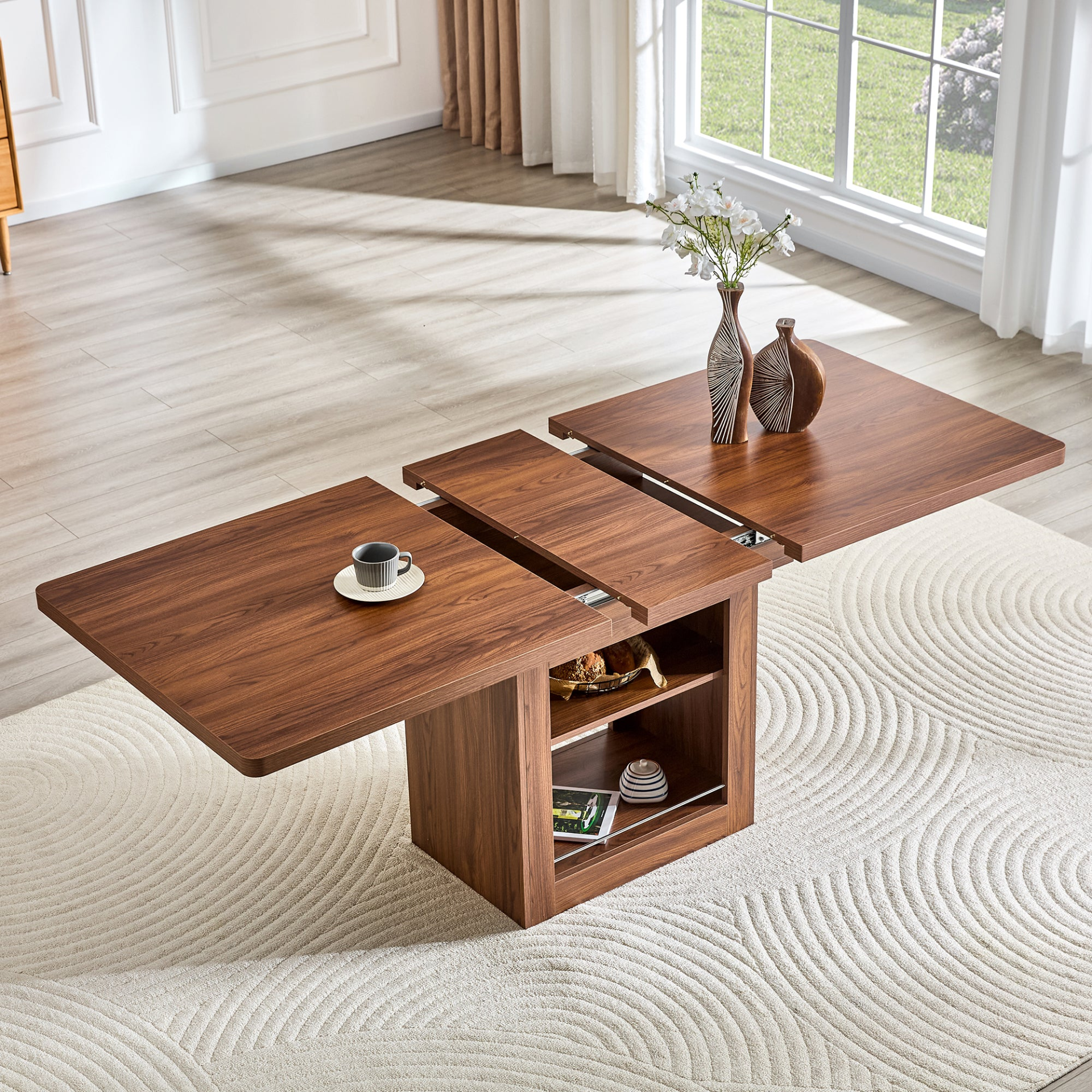 Rectangular MDF walnut dining table with storage and expandable design, perfect for dining rooms, kitchens, and apartments.