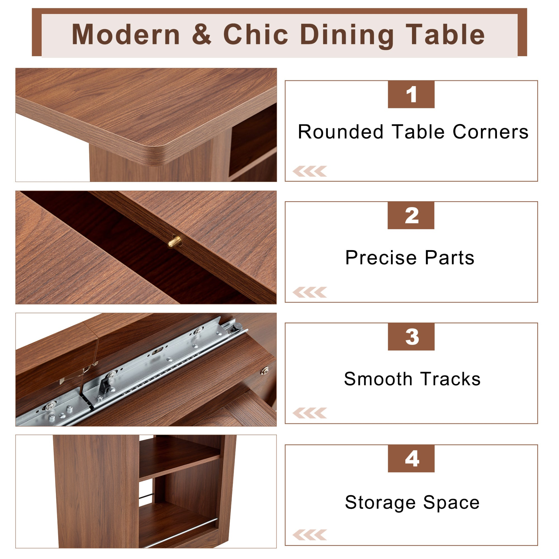 Rectangular MDF walnut dining table with storage and expandable design, ideal for kitchen, dining room, or apartment dining spaces.