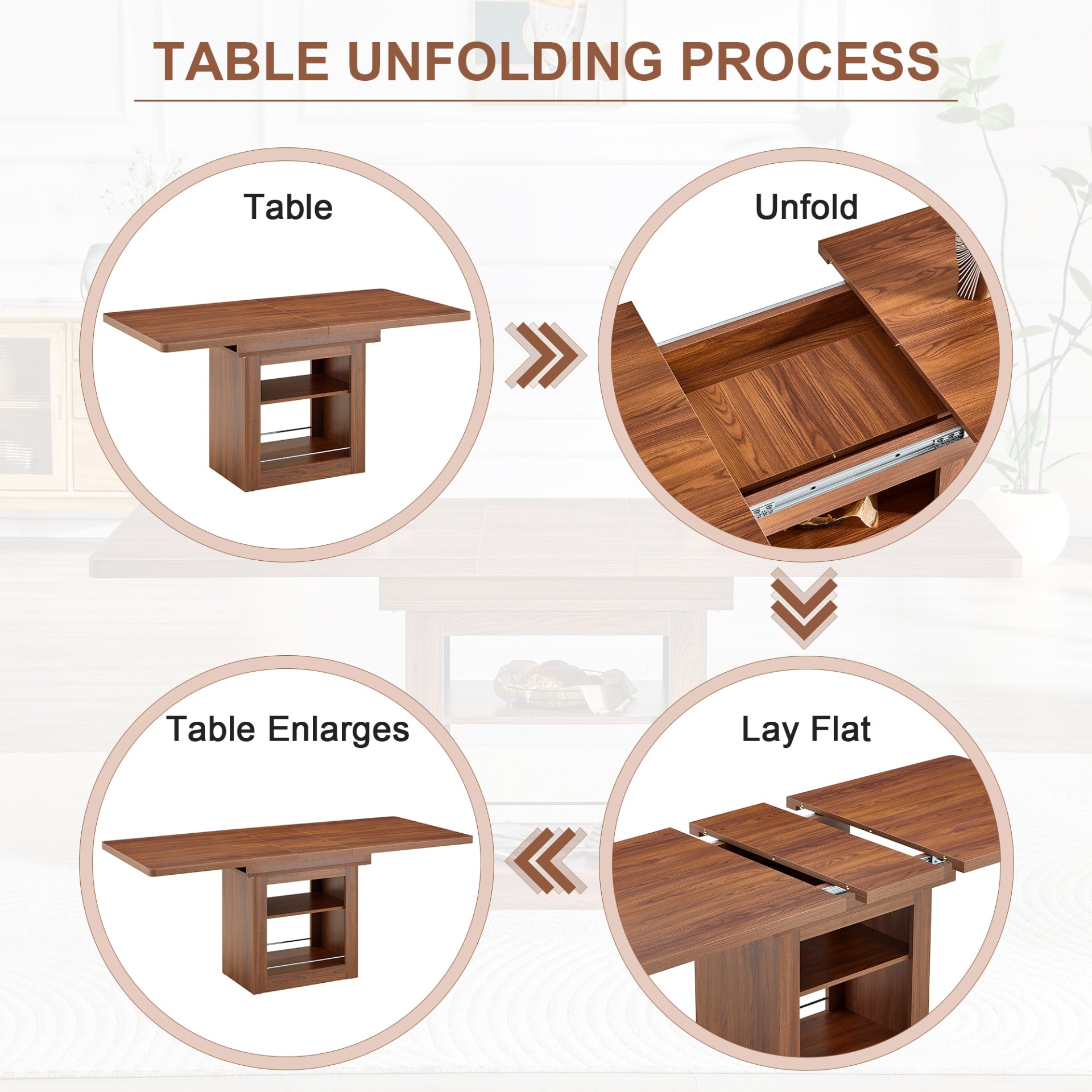 Rectangular Start2Finish MDF walnut dining table with storage and expandable design for kitchen, dining room, or apartment dining.