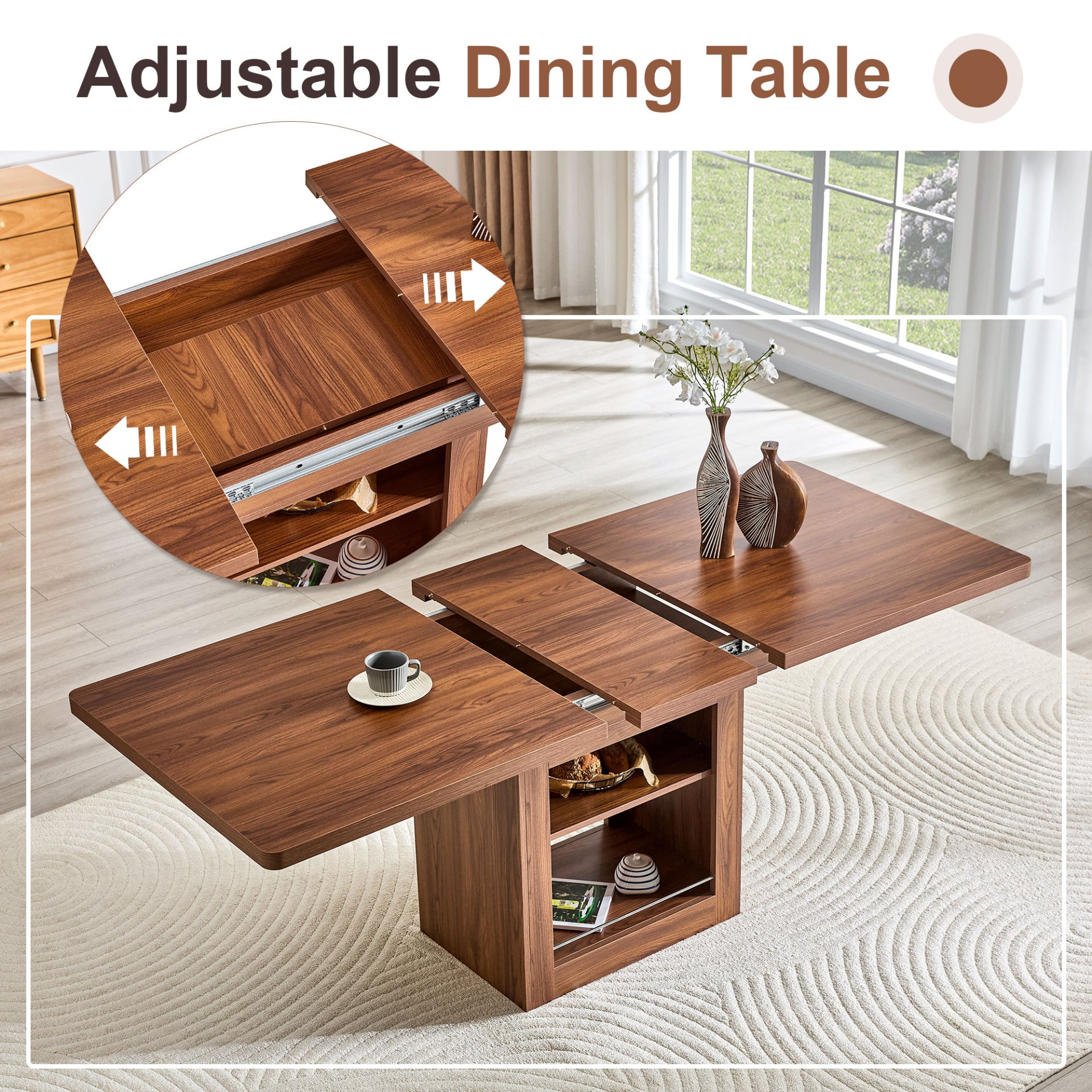 Rectangular MDF walnut dining table with storage and expandable design, ideal for dining rooms, kitchens, and apartments.