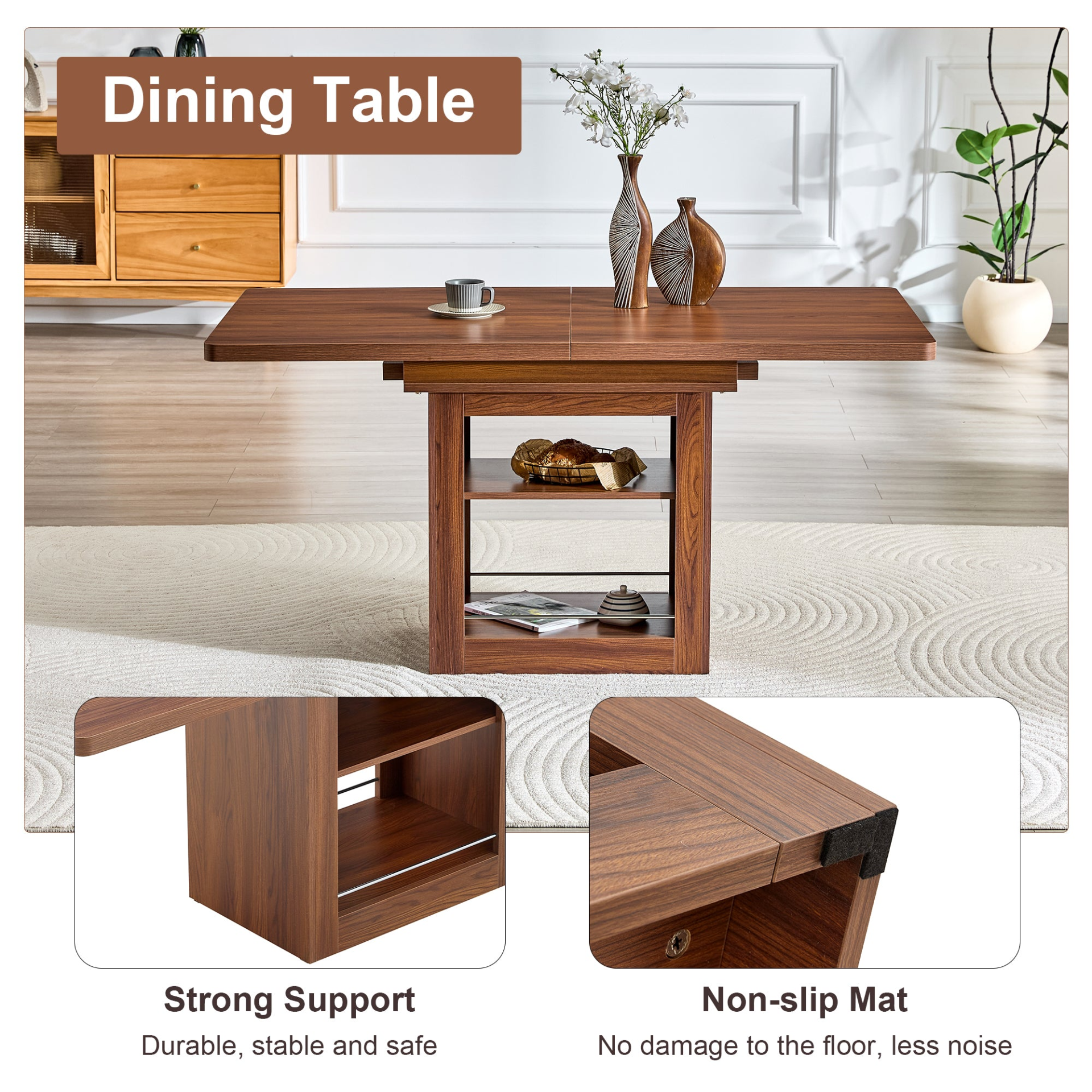 Start2Finish rectangular MDF walnut dining table with storage, expandable for kitchen, dining room, and apartment dining spaces.