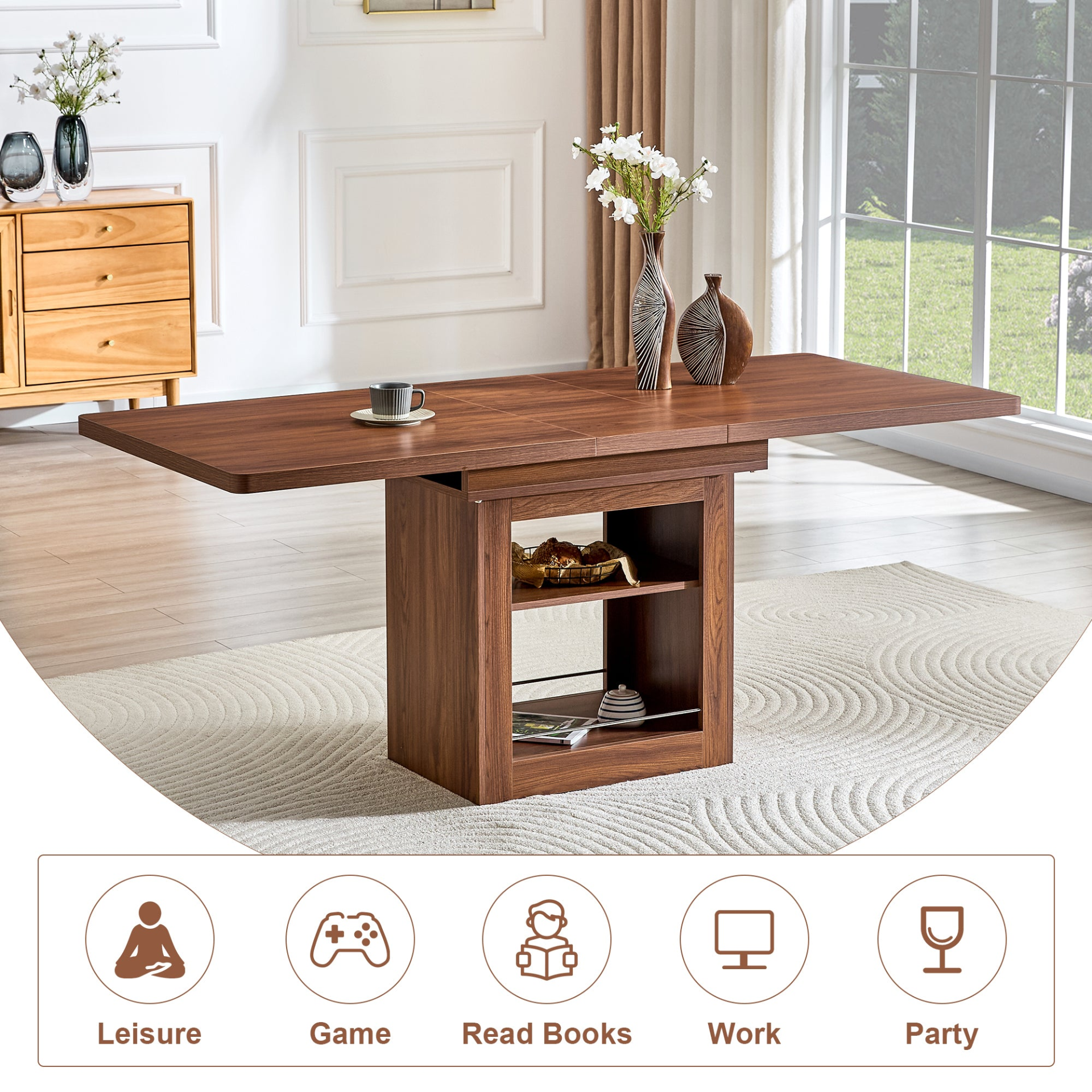 Start2Finish rectangular MDF walnut dining table with storage and extension leaves, suitable for dining rooms, kitchens, or apartments.