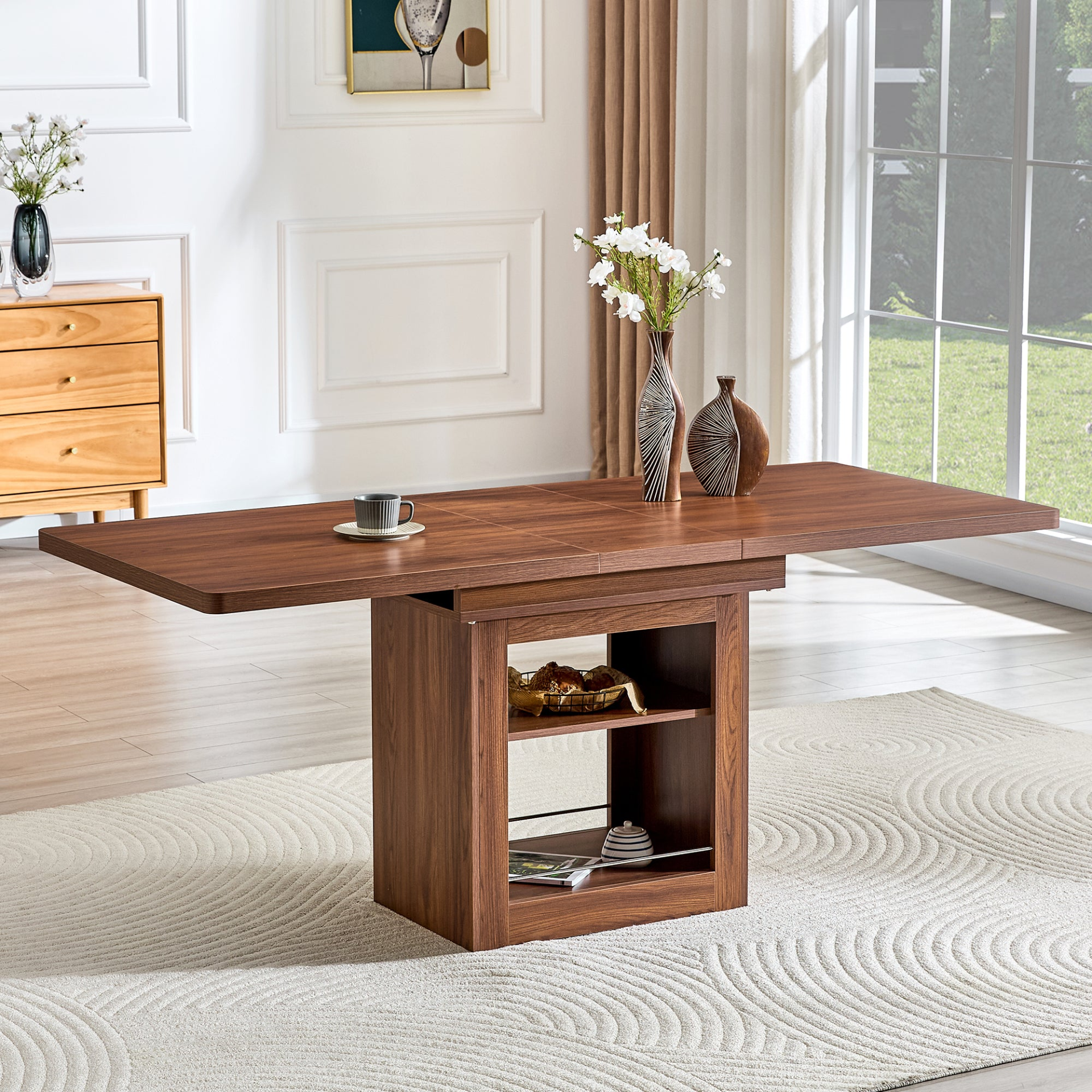 Start2Finish rectangular MDF walnut dining table with expandable surface and built-in storage, suitable for kitchen or dining room.
