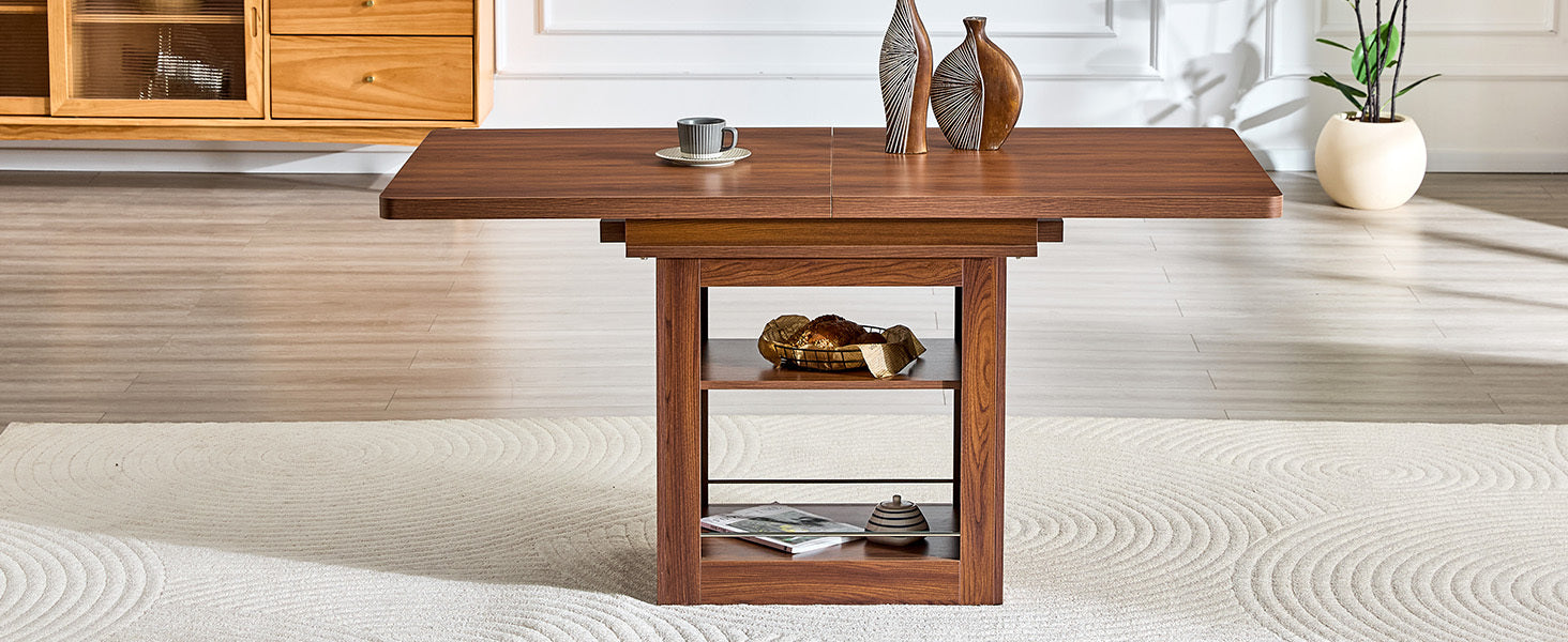 Rectangular MDF walnut dining table with storage, expandable for kitchen, dining room, or apartment dining spaces.