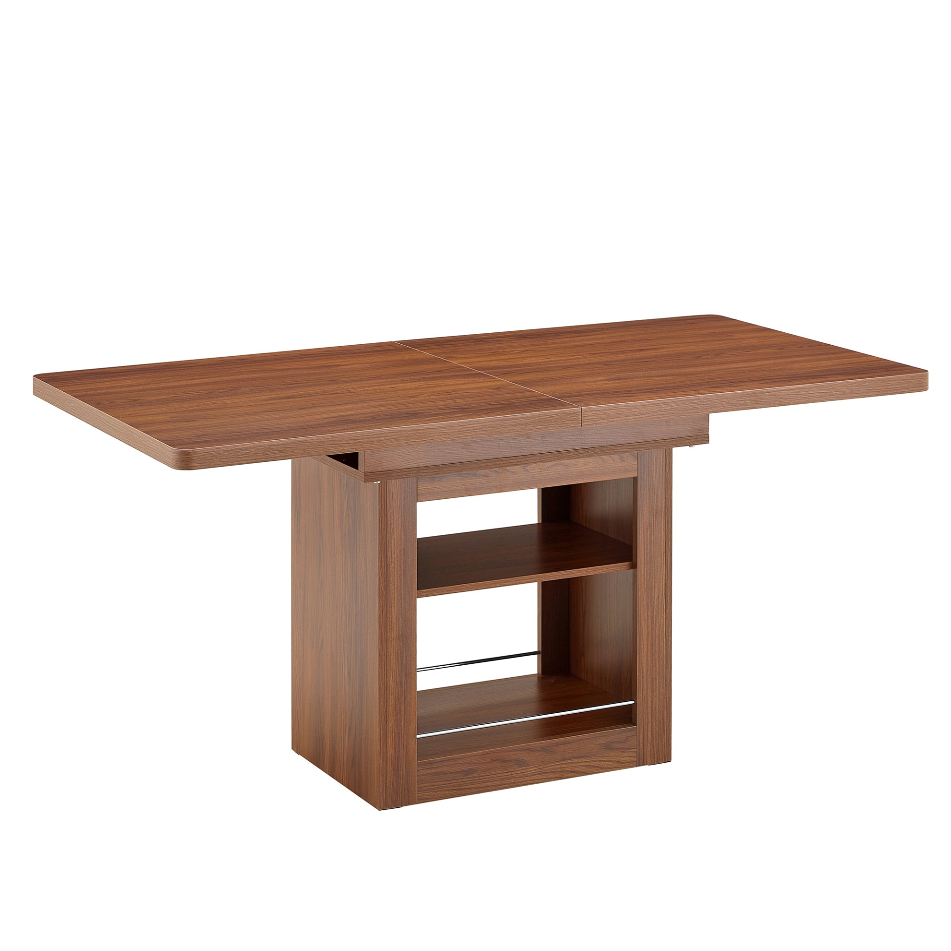 Rectangular MDF walnut dining table with storage and expandable design, perfect for dining rooms, kitchens, and apartments.