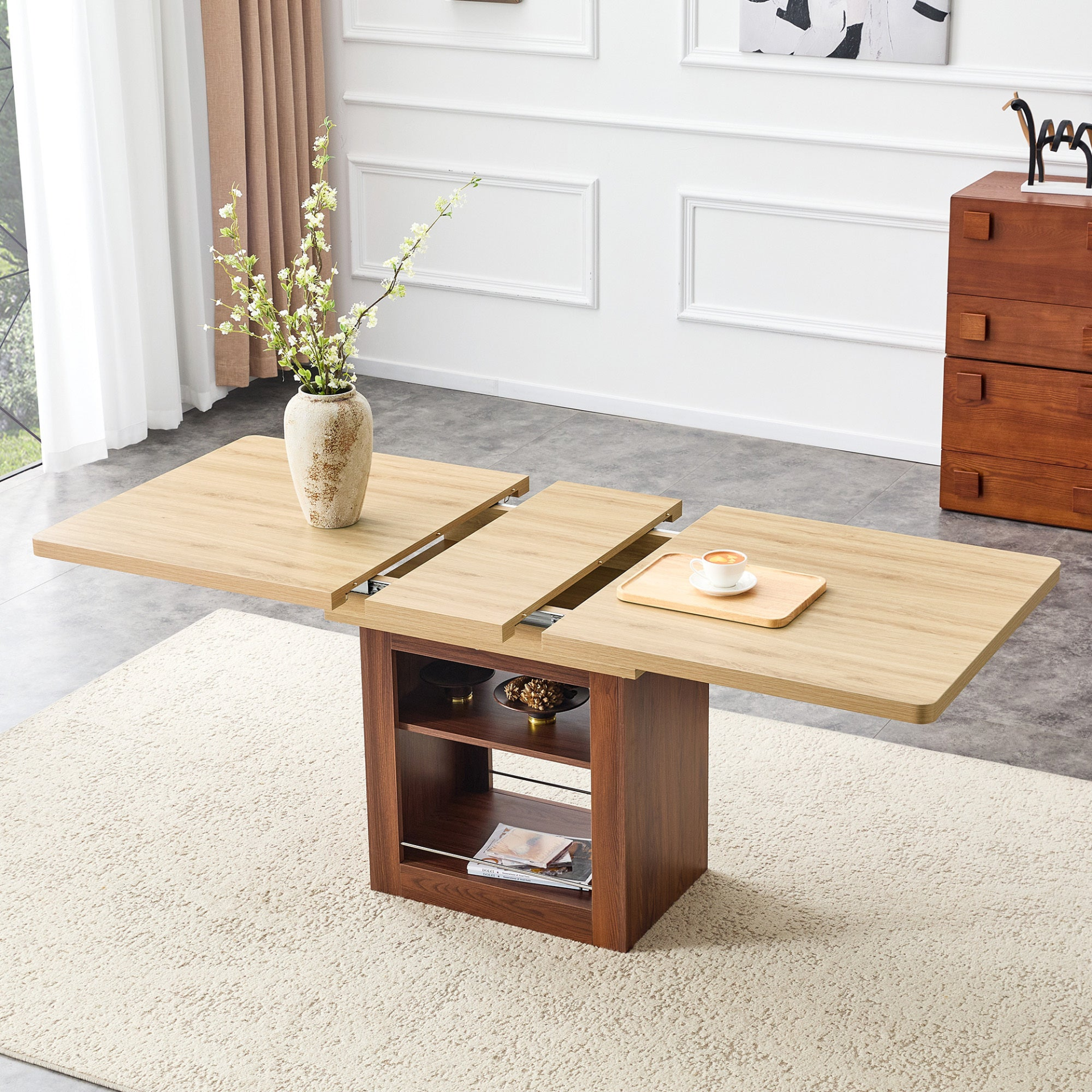 Rectangular MDF walnut dining table with storage and expandable design, ideal for dining rooms, kitchens, and apartments.