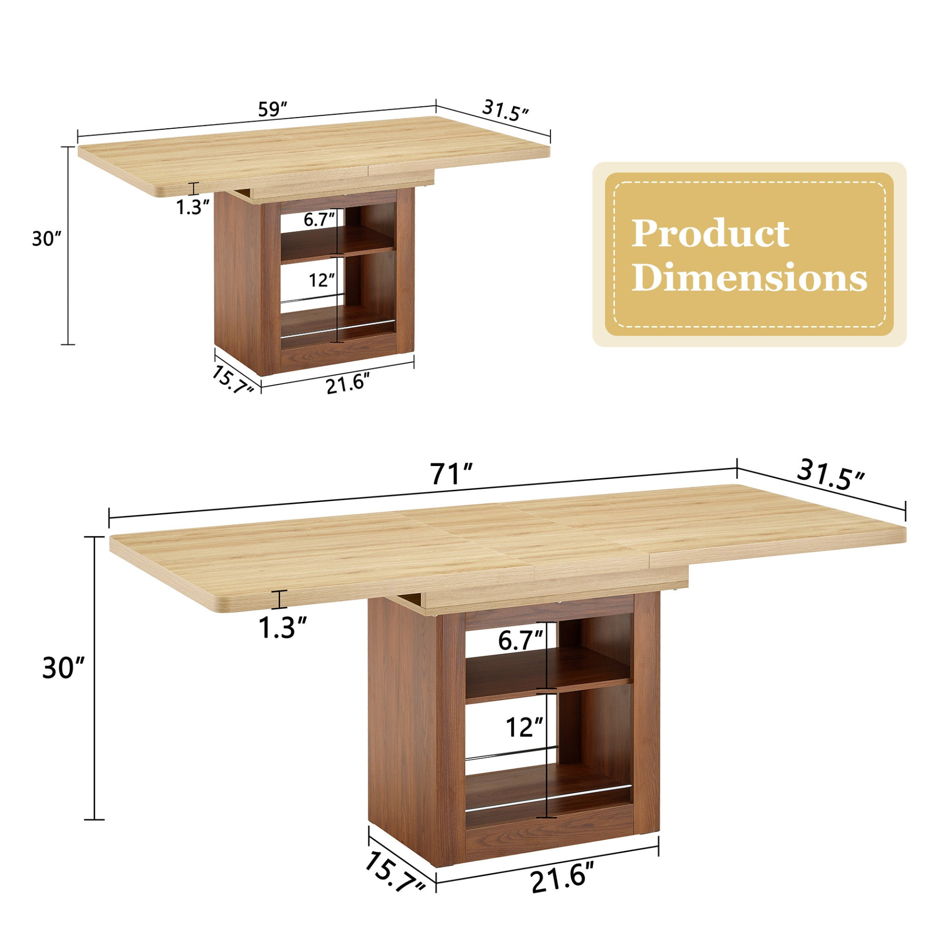 Rectangular MDF walnut dining table with storage and extendable leaves, ideal for kitchen, dining room, or apartment dining spaces.