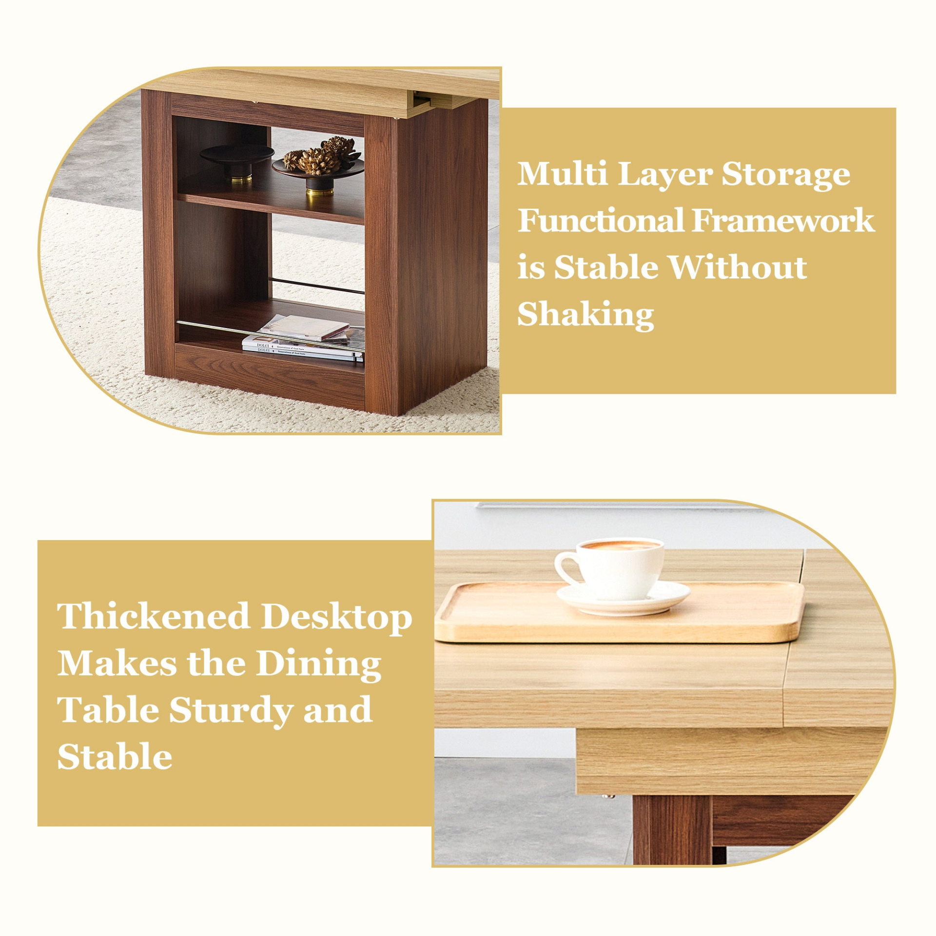 Rectangular MDF walnut dining table with storage, expandable for kitchen or dining room, by Start2Finish.