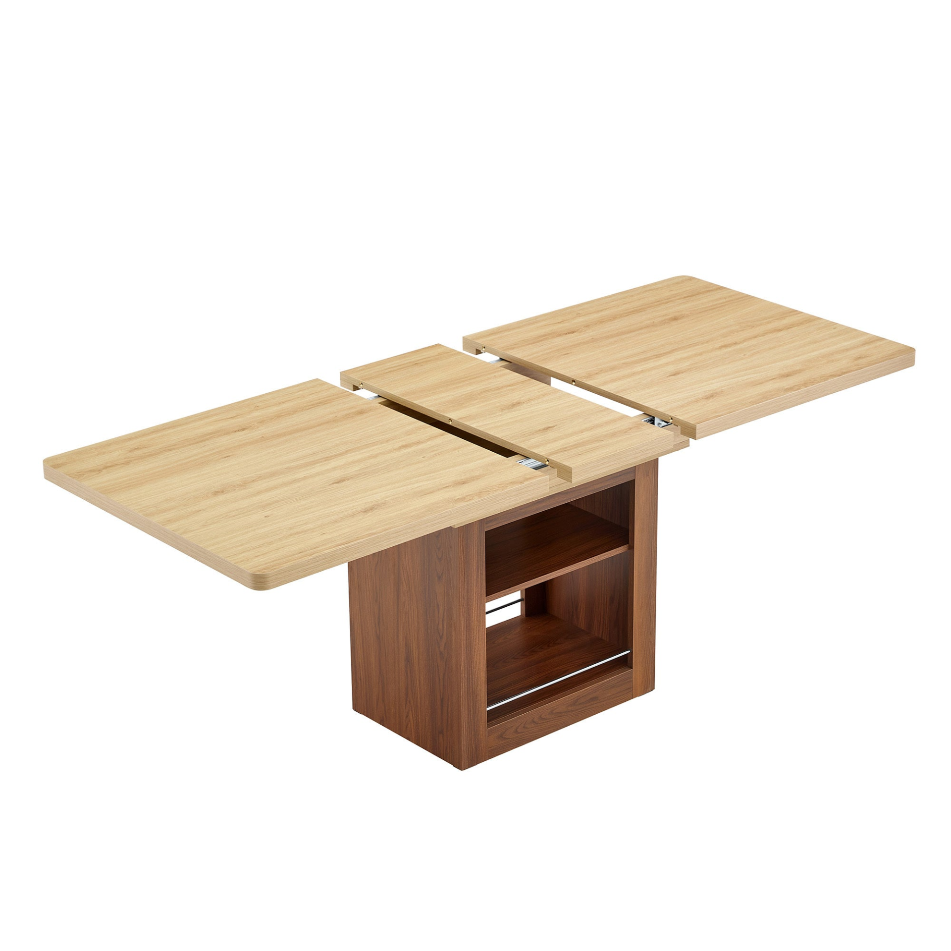 Rectangular MDF walnut dining table with storage and expandable design for kitchen, dining room, or apartment dining spaces.