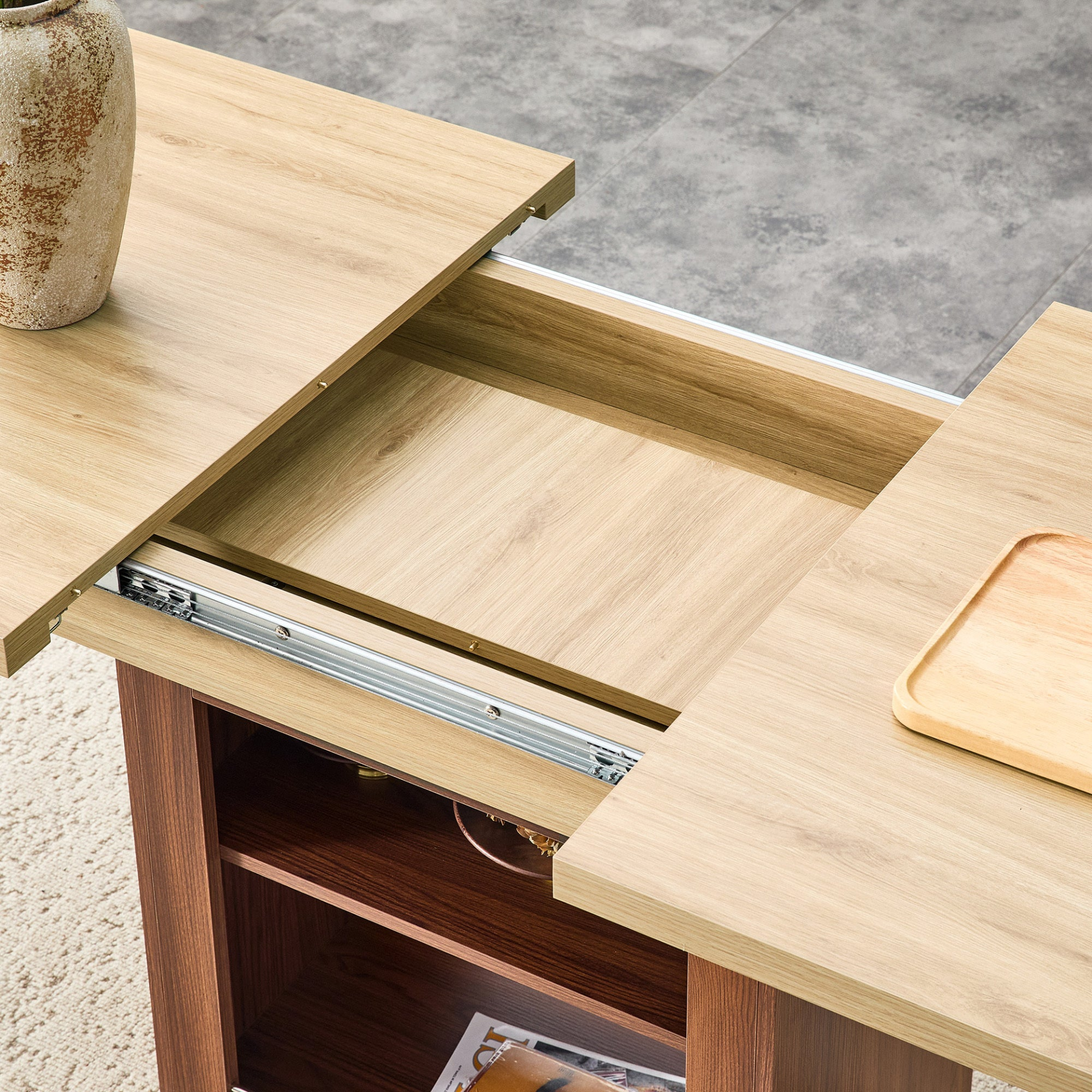 Rectangular MDF walnut dining table with storage and expandable design, ideal for dining rooms, kitchens, and apartments.
