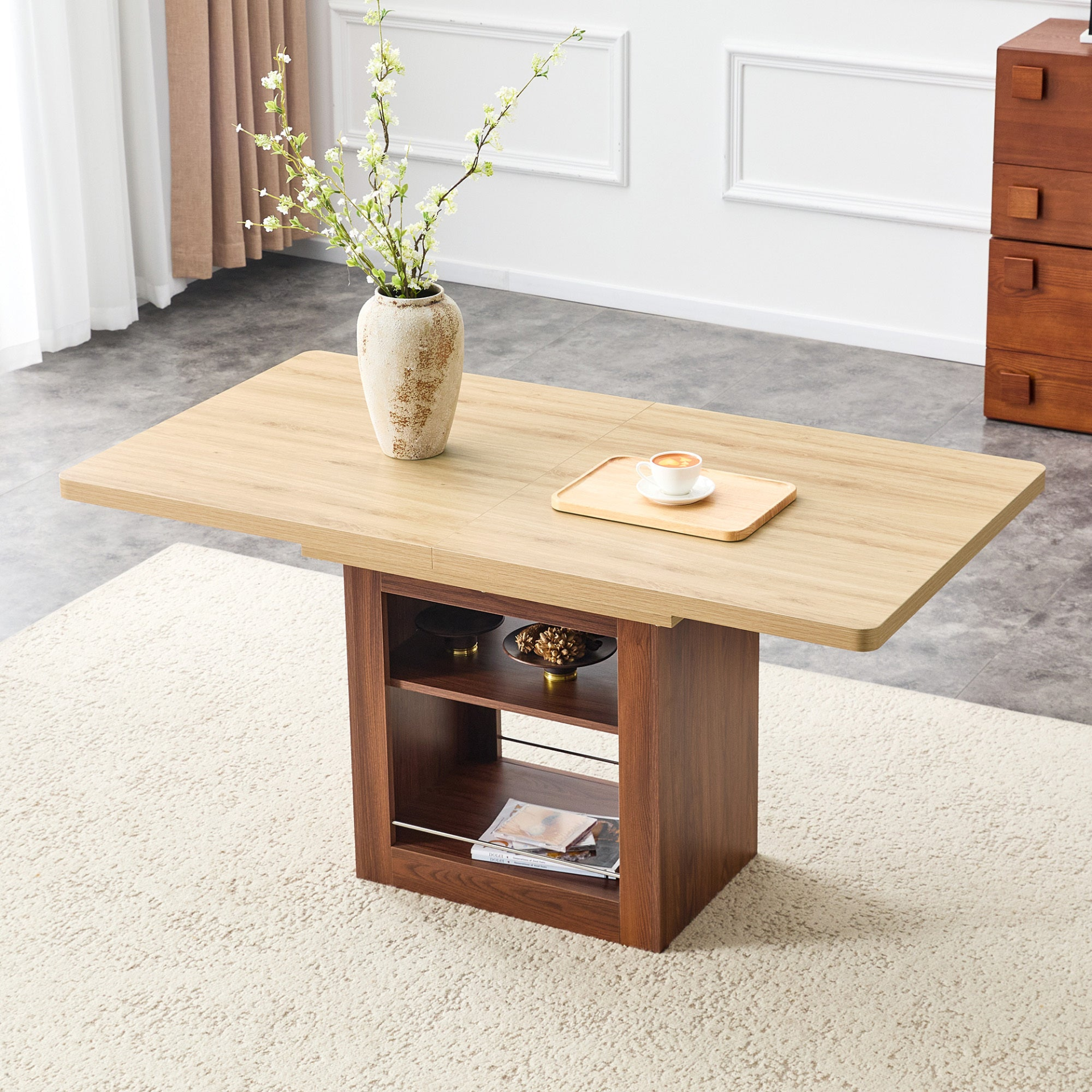 Start2Finish rectangular MDF walnut dining table with storage, expandable for kitchen, dining room, or apartment dining spaces.