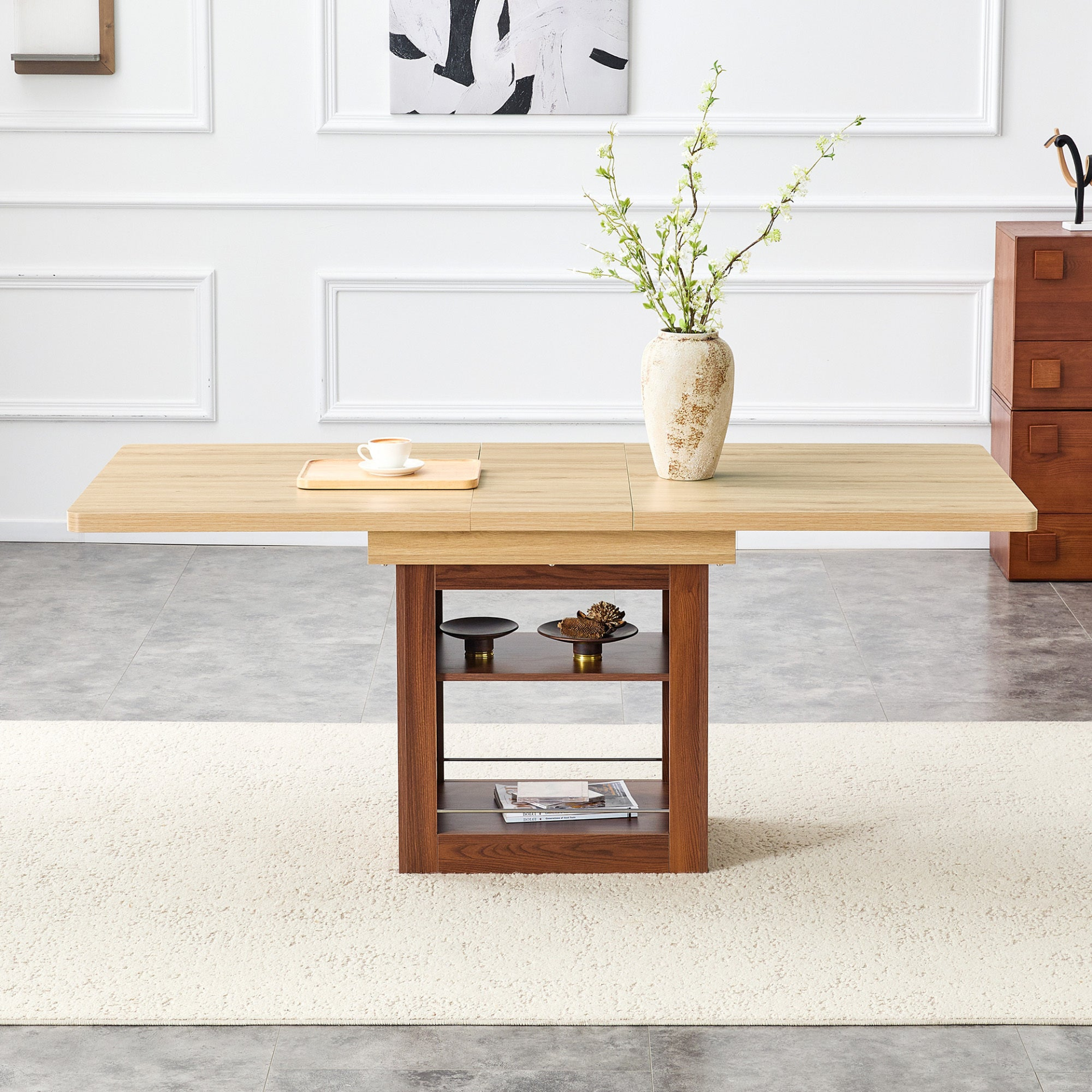 Rectangular MDF walnut dining table with expandable leaves and storage, ideal for dining room, kitchen, or apartment settings.