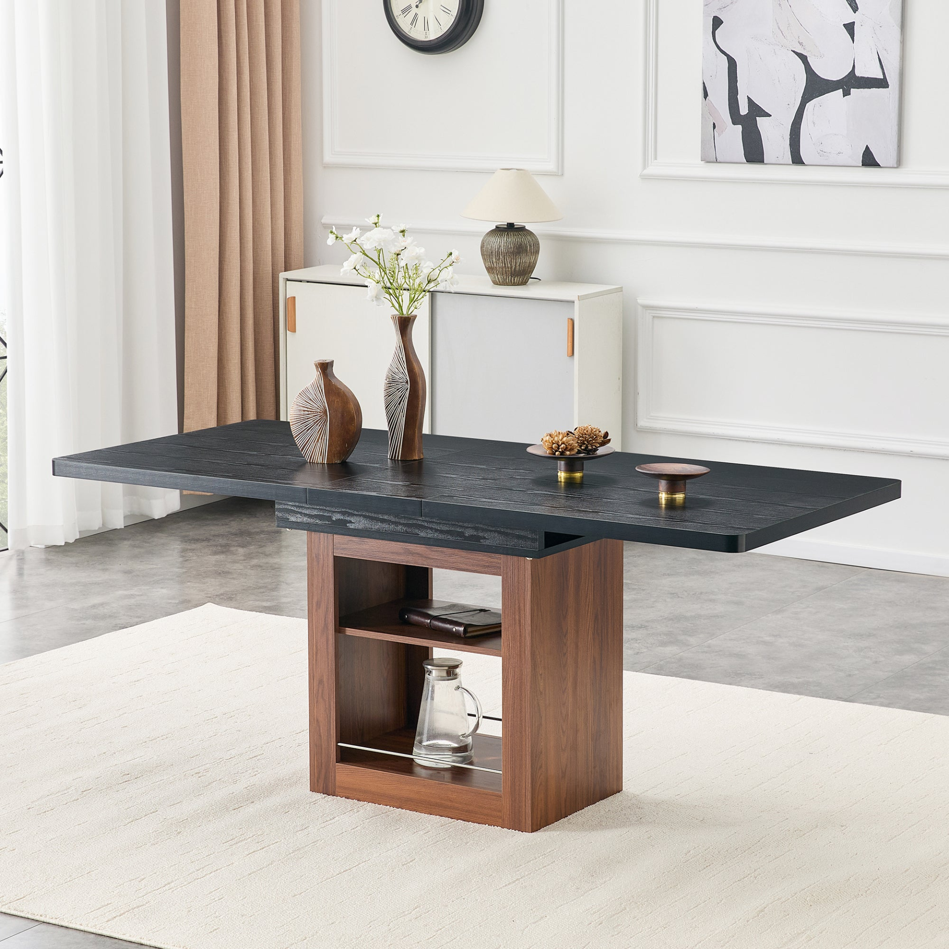 Rectangular MDF walnut dining table with storage, expandable for dining rooms, kitchens, and apartments by Start2Finish.